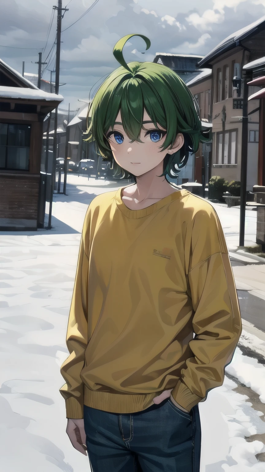 (masterpiece), ((sfw)), best quality, expressive eyes, perfect face, mature male, (1boy, adult Man), young adult, young man, solo, Green hair BREAK ahoge, blue eyes BREAK winter, snow, cloudy sky, daytime, village town, standing, looking at viewer, yellow sweater BREAK blue pants BREAK :) 