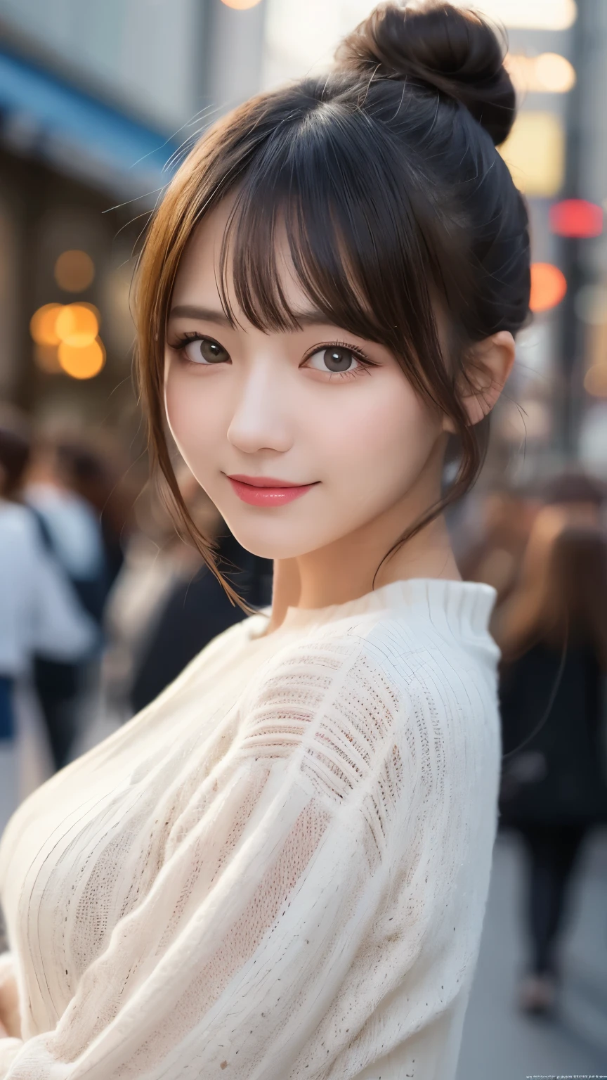 Tabletop、highest quality、An illustration、Super fine、Fine、High resolution、8k wallpaper、Perfect dynamic composition、Beautiful detailed eyes、Trendy women's winter fashion、Bun Hair、Small breasts、Natural color lip、Sexy pose、smile、Harajuku、20 year old girl、cute、Looking at the camera、