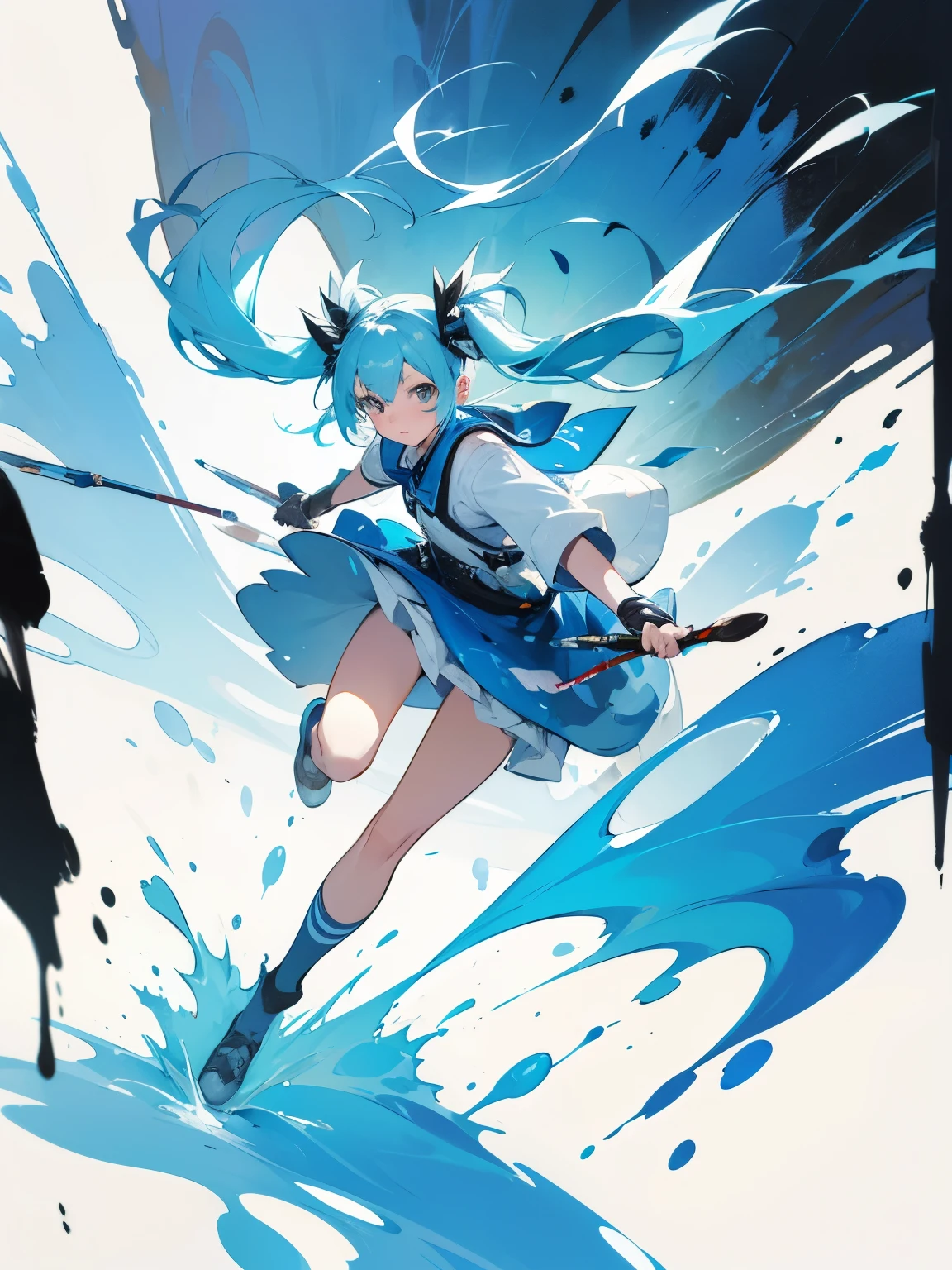 Paint, splashing ink, canvas, illustration, painting, art, girl, light blue hair, twin tails, cute