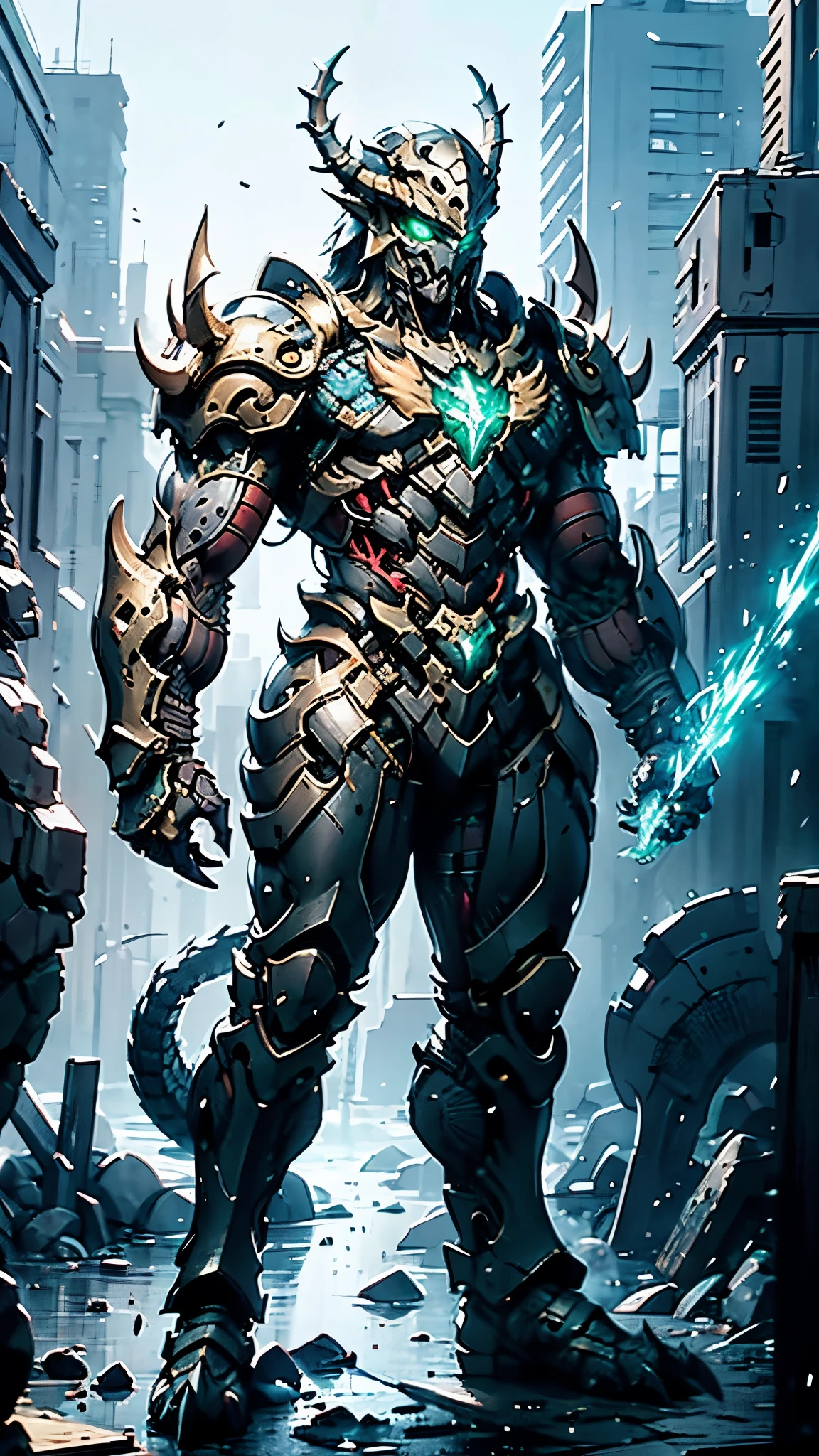 A man wearing a full-face helmet, a fantasy-style biomecha armored combat suit, green eyes, a composite layered chest armor, fully enclosed shoulder guards, matching arm and leg guards, the belt is adorned with dragon claw grasping orbs, primarily black with red accents, the design balances heavy with agility, a high-tech biological armor, concept inspired by dragons,stand on the top of a skyscraper in a futuristic sci-fi city, this character embodies a finely crafted fantasy-surreal style armored hero in anime style, exquisite and mature manga art style, ((male:1.5, element, plasma, energy, the armor glows)), metallic, real texture material, dramatic, high definition, best quality, highres, ultra-detailed, ultra-fine painting, extremely delicate, professional, perfect body proportions, golden ratio, anatomically correct, symmetrical face, extremely detailed eyes and face, high quality eyes, creativity, RAW photo, UHD, 32k, Natural light, cinematic lighting, masterpiece-anatomy-perfect, masterpiece:1.5