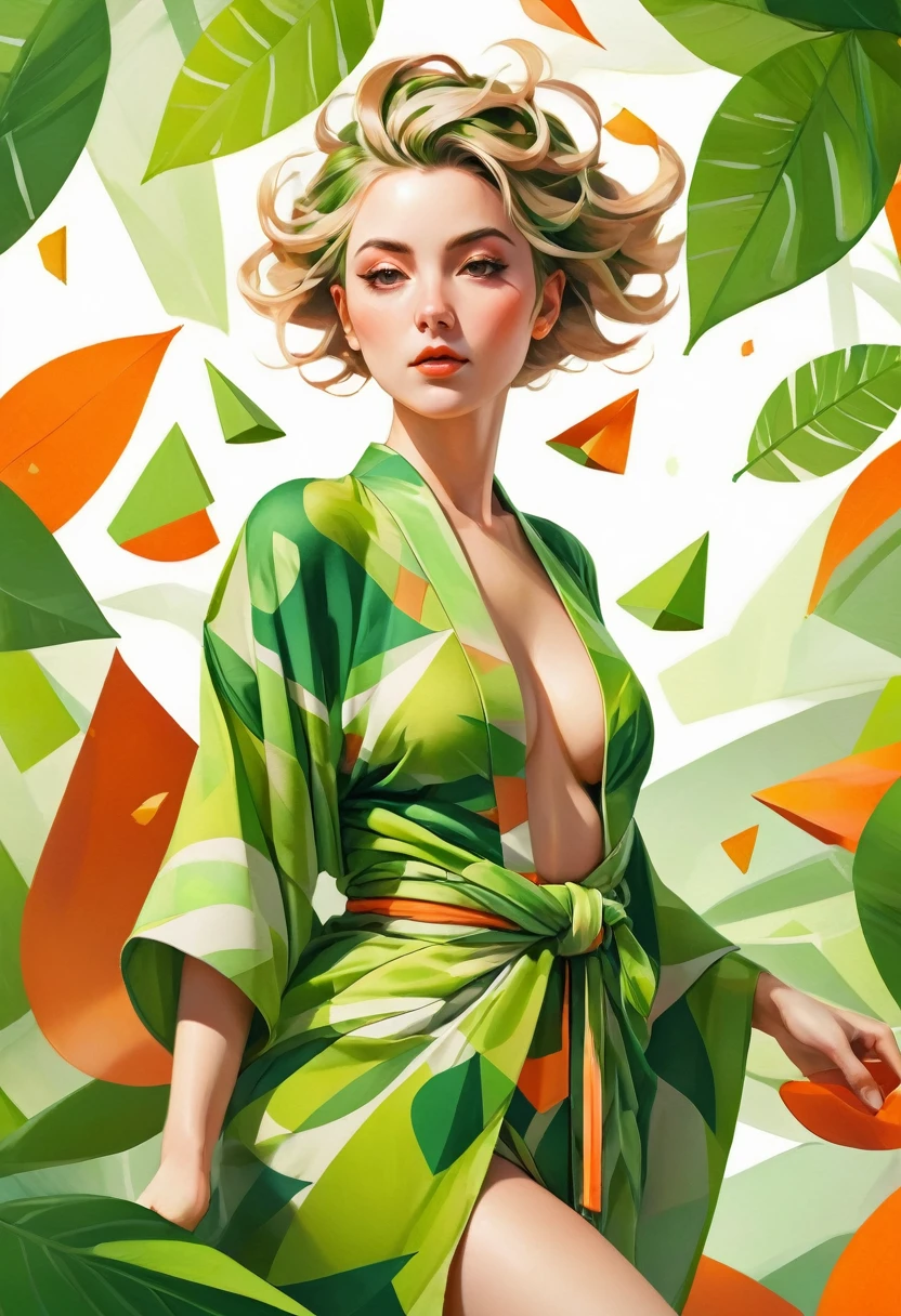 Elf female, feminine look, sexy hair, green outfit, leaves around body, swirling air movement, wide angle, full body view, loose fabric, geometric shapes, small breasts, lime pattern kimono, persimmon, up-do hair, Bauhaus, geometric shapes