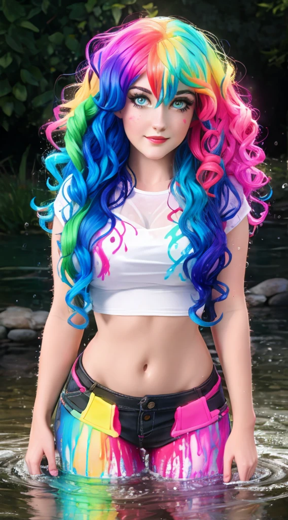 a woman with colorful hair standing in a stream of water, the curls are smeared with paint of different colors rainbow, a cute and beautiful young woman, hyper real photo, she is wearing a wet coat, beautiful young catgirl, dripping technique, discord pfp, 10 bit colour, neatly coming out of her head, spray, hdr, 8k