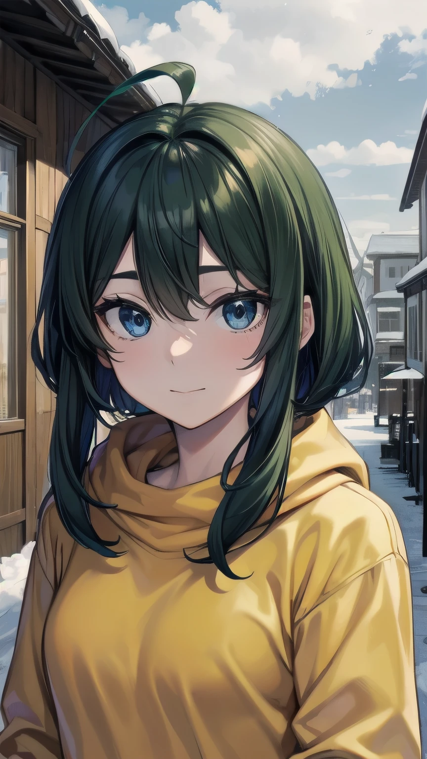 (masterpiece), ((sfw)), best quality, expressive eyes, perfect face, mature male, (1boy, adult Man), young adult, young man, solo, Green hair BREAK ahoge, blue eyes BREAK winter, snow, cloudy sky, daytime, village town, standing, looking at viewer, yellow sweater BREAK blue jeans BREAK :) 