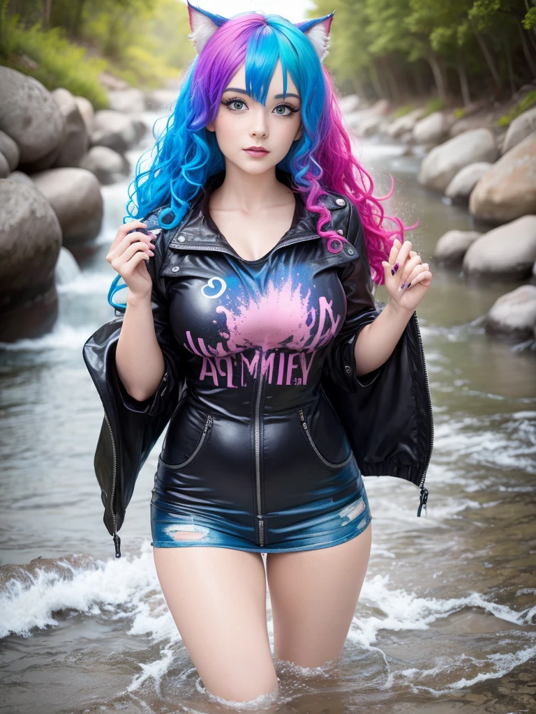 a woman with colorful hair standing in a stream of water, the curls are smeared with paint of different colors rainbow, a cute and beautiful young woman, hyper real photo, she is wearing a wet coat, beautiful young catgirl, dripping technique, discord pfp, 10 bit colour, neatly coming out of her head, spray, hdr, 8k
