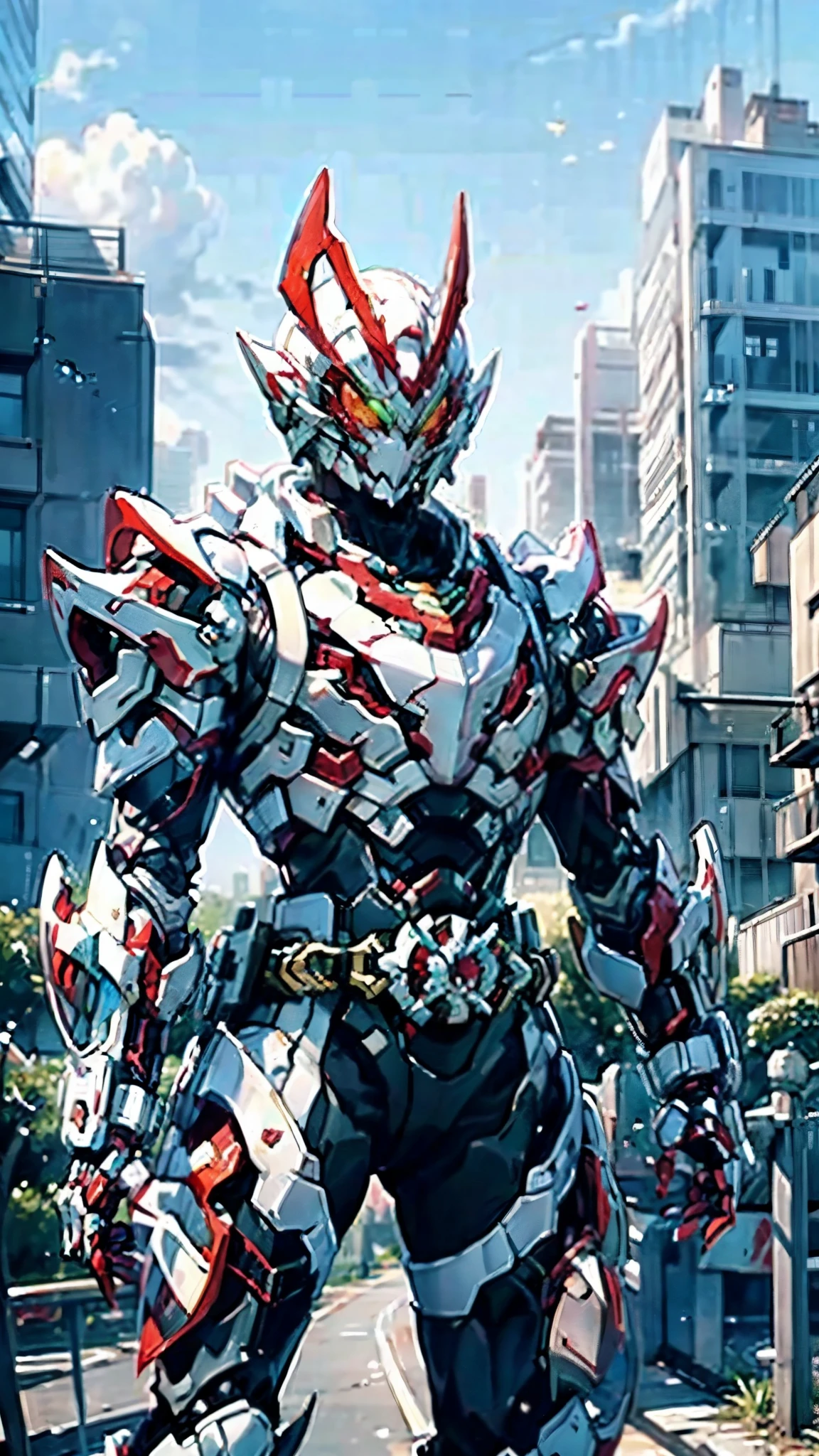 A man wearing a full-face helmet, a fantasy-style biomecha armored combat suit, green eyes, a composite layered chest armor, fully enclosed shoulder guards, matching arm and leg guards, the belt is adorned with dragon claw grasping orbs, primarily black with red accents, the design balances heavy with agility, a high-tech biological armor, (concept inspired by dragons,stand on the top of a skyscraper in a futuristic sci-fi city), this character embodies a finely crafted fantasy-surreal style armored hero in anime style, exquisite and mature manga art style, ((male:1.5, element, plasma, energy, the armor glows)), metallic, real texture material, dramatic, high definition, best quality, highres, ultra-detailed, ultra-fine painting, extremely delicate, professional, perfect body proportions, golden ratio, anatomically correct, symmetrical face, extremely detailed eyes and face, high quality eyes, creativity, RAW photo, UHD, 32k, Natural light, cinematic lighting, masterpiece-anatomy-perfect, masterpiece:1.5