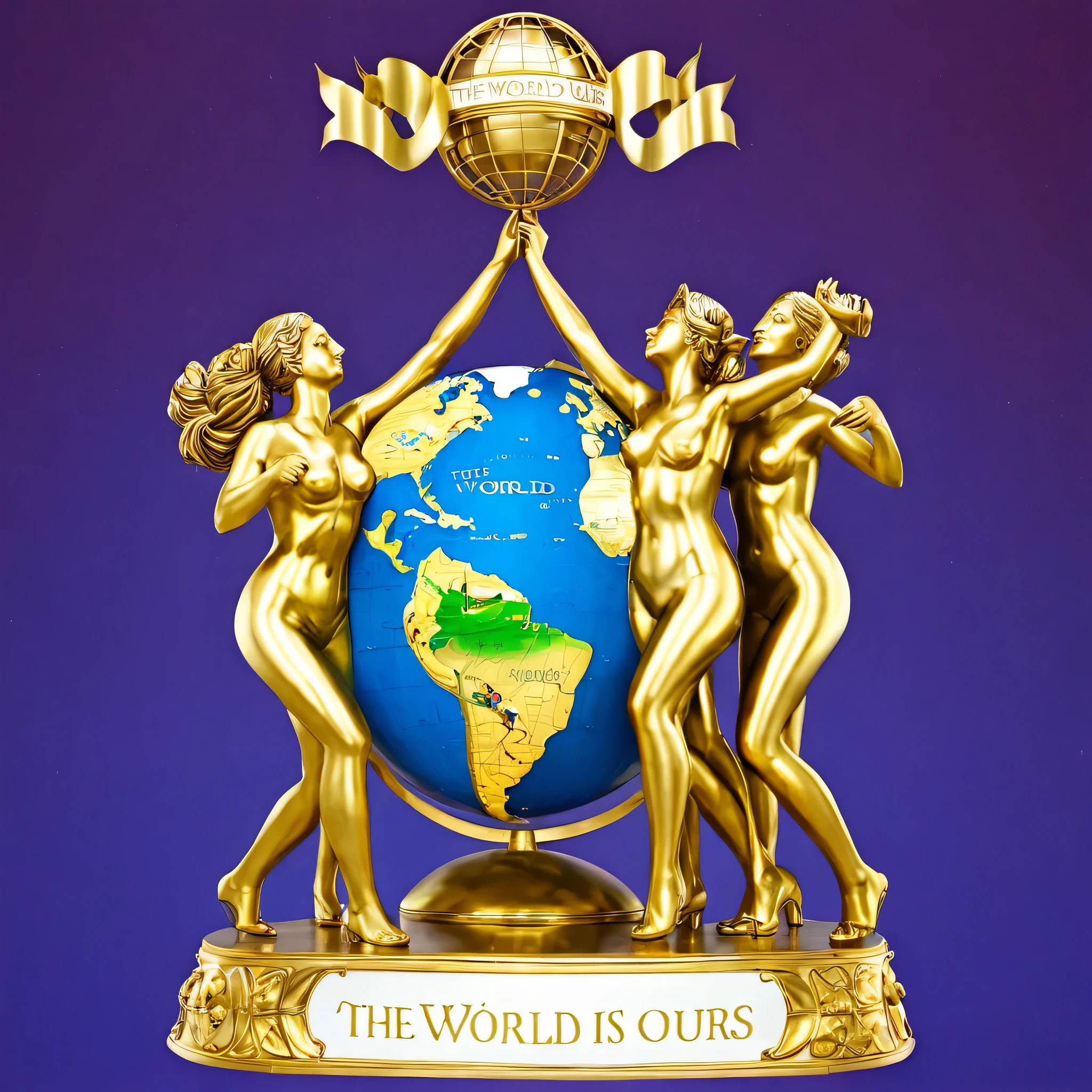 A GOLD statue of three women holding up a globe together above there heads that has a banner wrapped around it that reads " the world is ours "