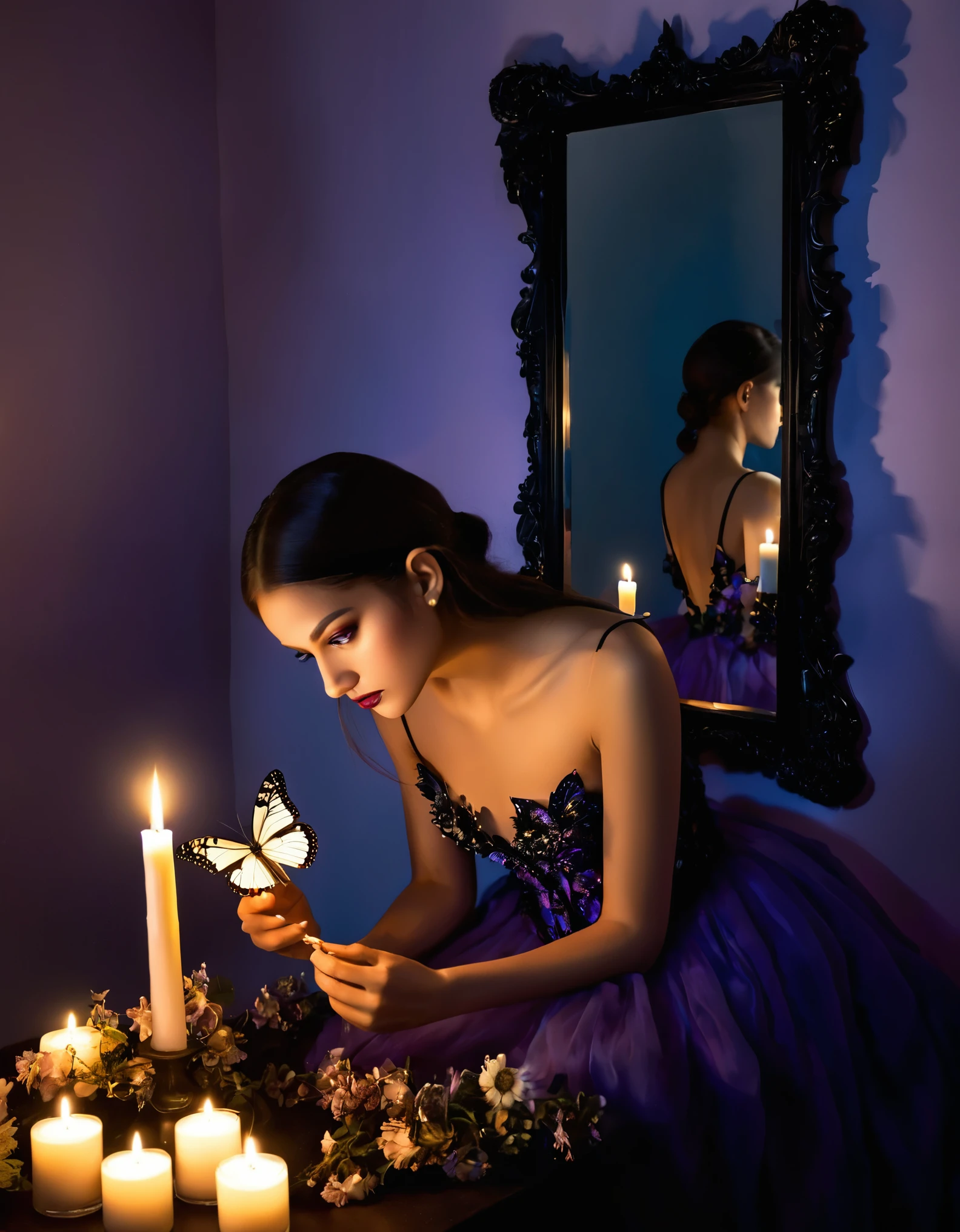 Vogue magazine takes an art photo of a girl's entire body. In a candlelight lit room, there is a white framed antique black wooden mirror with images of butterflies dancing in the air. A beautiful woman sits inside, holding candles and flowers in her hand. The photo contains a lot of butterfly elements, with a faint blue and purple overall, giving a romantic and melancholic atmosphere. The photo has a bit of reflective light and shadow hitting the girl's face, surrealistic, detailed, high-resolution, high-quality, and surreal. This photo was taken from the top using the Canon EOS R5 camera, with a focal length of f/20 and an ISO speed set to D800, for surreal photography. It creates a dreamy atmosphere in the style of surrealist photography