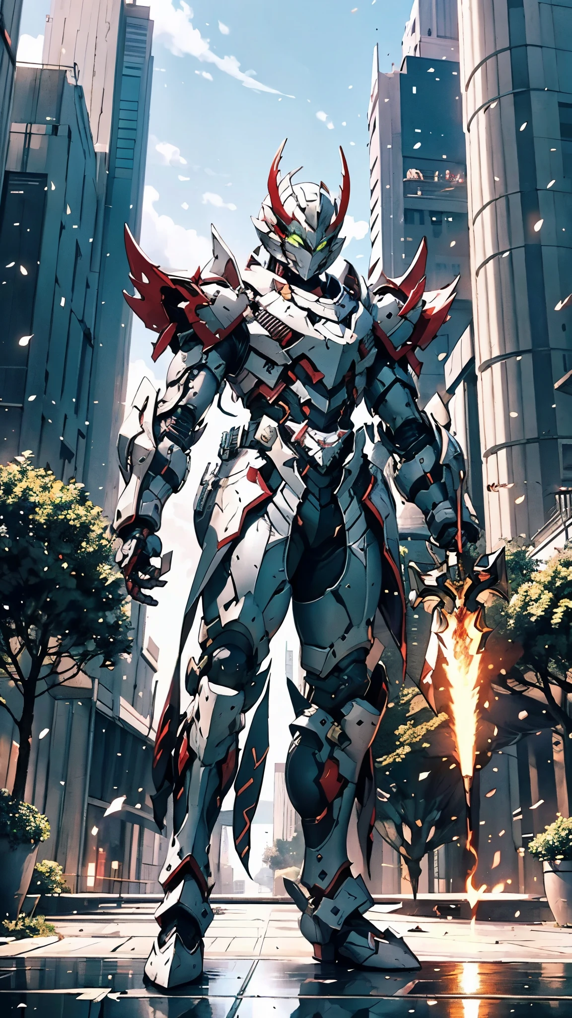 A man wearing a full-face helmet, a fantasy-style biomecha armored combat suit, green eyes, a composite layered chest armor, fully enclosed shoulder guards, matching arm and leg guards, the belt is adorned with dragon claw grasping orbs, primarily black with red accents, the design balances heavy with agility, a high-tech biological armor, (concept inspired by dragons, stand on the top of a skyscraper in a futuristic sci-fi city), this character embodies a finely crafted fantasy-surreal style armored hero in anime style, exquisite and mature manga art style, ((male:1.5, element, plasma, energy, the armor glows)), metallic, real texture material, dramatic, high definition, best quality, highres, ultra-detailed, ultra-fine painting, extremely delicate, professional, perfect body proportions, golden ratio, anatomically correct, symmetrical face, extremely detailed eyes and face, high quality eyes, creativity, RAW photo, UHD, 32k, Natural light, cinematic lighting, masterpiece-anatomy-perfect, masterpiece:1.5