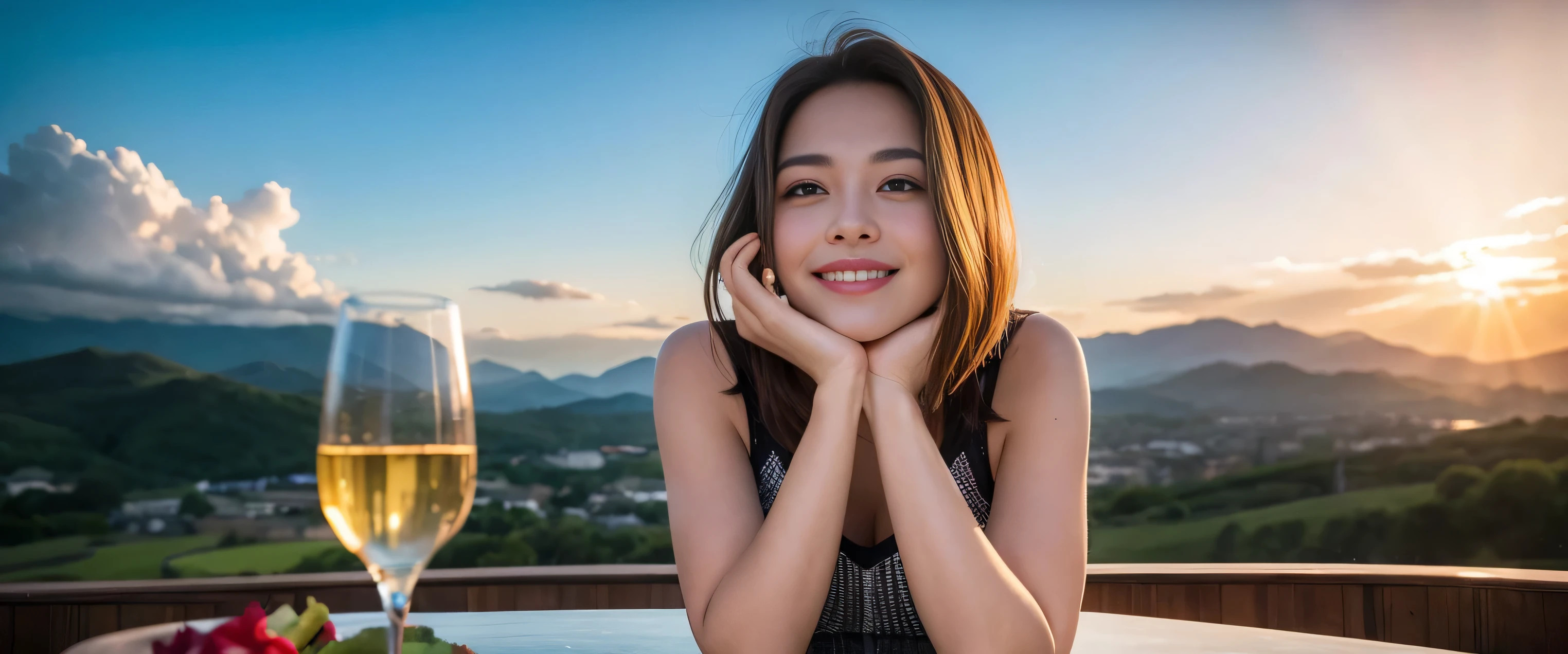((highest quality、8k、masterpiece:1.3))、Beautiful woman perfect body:1.4、Slim body、((Bob Hale、Straight hair:1.2))、 Ultra-high resolution, Bright image、The beauty of wine on the table, Beautiful Face, blue eyes, Beautiful Eyes, The light shines on your face, Blushing your nose, short hair,Amazing view of the sunset sky and clouds、Amazing mountain views、A bright and smiling face、Smiling lovely woman、Wine party for three、