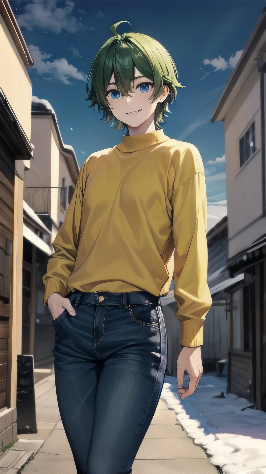 (masterpiece), ((sfw)), best quality, expressive eyes, perfect face, mature male, (1boy, adult Man), young adult, young man, solo, Green hair BREAK ahoge, blue eyes BREAK winter, snow, cloudy sky, daytime, village town, standing, looking at viewer, yellow sweater BREAK blue jeans BREAK smile 