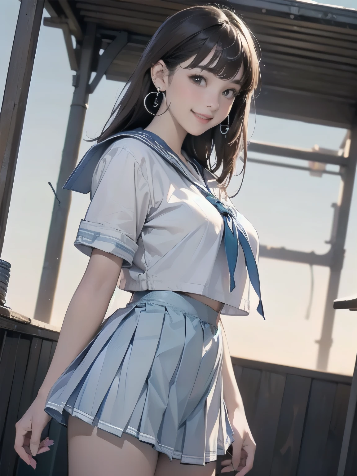 ((((best quality))))、(((Super fine CG16K wallpaper)))、(((masterpiece)))、(((Ultra Detailed)))、(((Extremely detailed)))、((1Mature 24 year old woman:1.6))、((Very pretty Japanese face Shiraishi:1.3))、((Straight half-length hair、Bangs:1.5))、(Shiny Brown Hair)、Beautiful and delicate eyes、Brown eyes、high nose、Small nostril、Little mouth、Tempting lips、Beautiful breasts、((C cup size breasts))、cleveage、Full figure、Perfect proportion、Perfect anatomical structure、perfect composition、Beautiful and detailed shadows、美丽的Natural light线、beautiful detailed glow、Depth of writing boundaries、(((High chroma)))、(((real:1.9)))、((vivid:1.5))、((beautiful skin))、((Texture))、((realな皮膚感))、(((Cowboy shooting:1.6)))、((Front view、Front low angle:1.5))、((Shy laugh:1.5))、(Woman facing this way:1.5)、bright daylight、Natural light、(((outdoor park:1.5)))、(standing posture:1.5)、(((White sailor suit、Light Blue Pleated Mini Skirt Costume:1.6)))、((earrings、Wearing a necklace:1.3))、