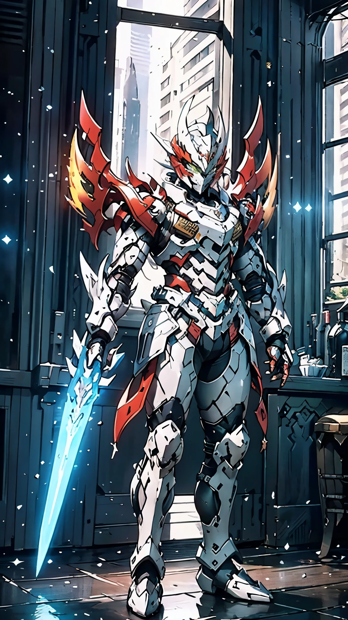 A man wearing a full-face helmet, a fantasy-style biomecha armored combat suit, green eyes, a composite layered chest armor, fully enclosed shoulder guards, matching arm and leg guards, the belt is adorned with dragon claw grasping orbs, primarily black with red accents, the design balances heavy with agility, a high-tech biological armor, (concept inspired by dragons, stand on the top of a skyscraper in a futuristic sci-fi city), this character embodies a finely crafted fantasy-surreal style armored hero in anime style, exquisite and mature manga art style, ((male:1.5, element, plasma, energy, the armor glows)), metallic, real texture material, dramatic, high definition, best quality, highres, ultra-detailed, ultra-fine painting, extremely delicate, professional, perfect body proportions, golden ratio, anatomically correct, symmetrical face, extremely detailed eyes and face, high quality eyes, creativity, RAW photo, UHD, 32k, Natural light, cinematic lighting, masterpiece-anatomy-perfect, masterpiece:1.5