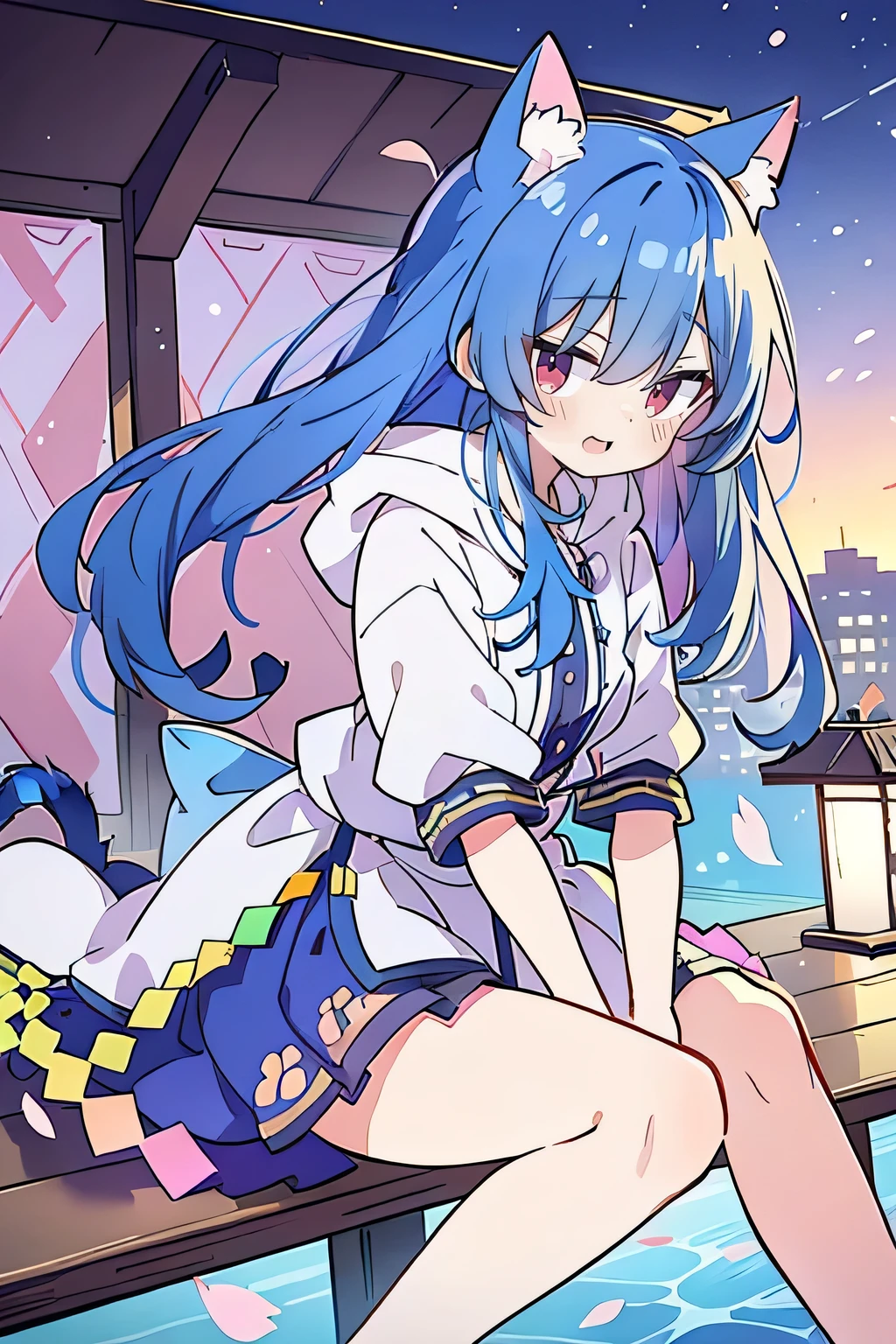 (masterpiece:1.2),Super detailed,lifelike,Expressive eyes,fair skin,perfect face shape,1 girl,
Japanese comics,Gorgeous blue hair,flowing blue hair,flowing clothes,Cat ears,Petals fall,beautiful lola,Baby Angel,sunrise,
Shaking head with one hand,Cross your legs,Gentle and peaceful background,The pavilion is cool and comfortable,smile, wearing hoodie, background of tokyo,back views,snowing, winter.