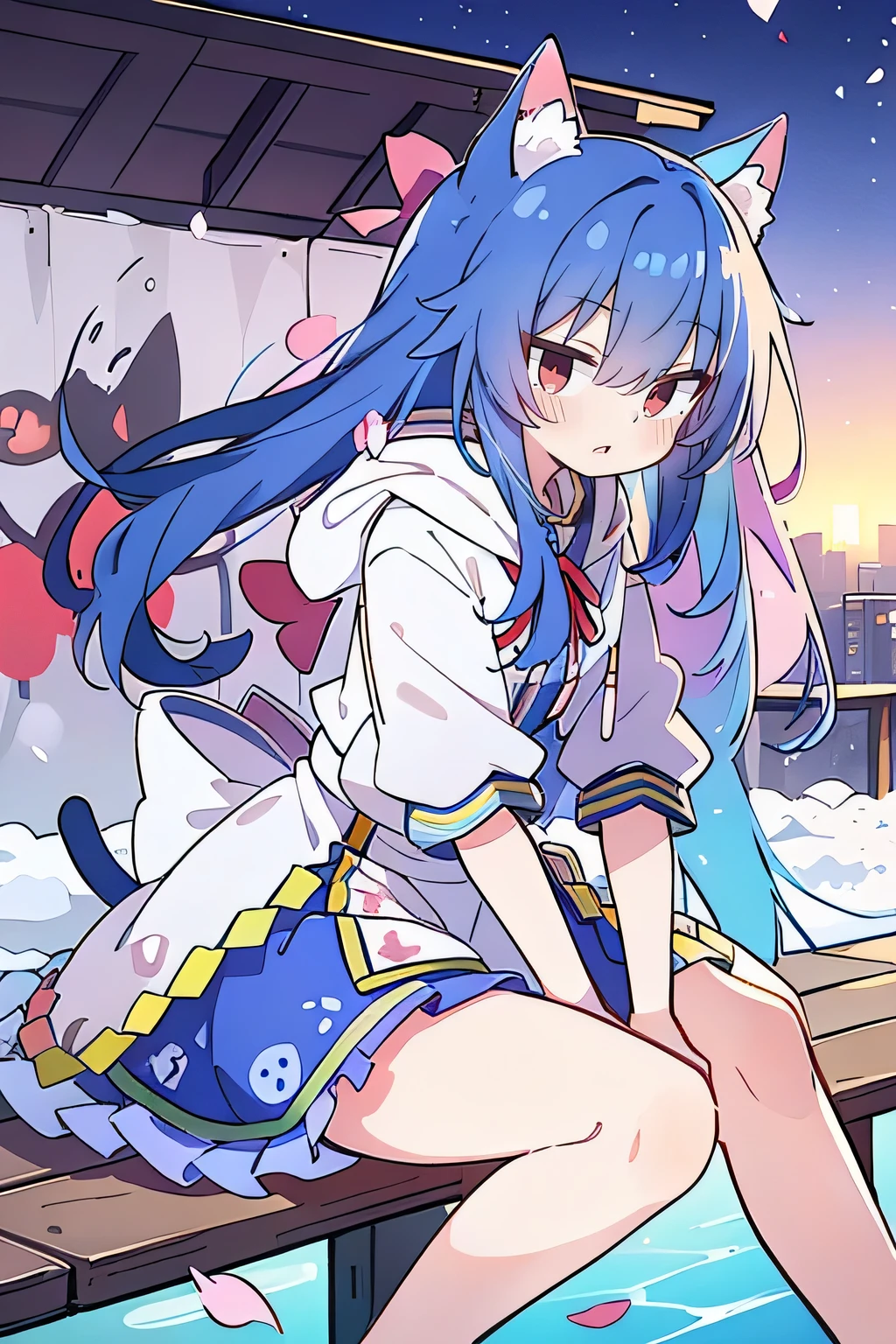 （masterpiece：1.2），Super detailed，lifelike，Expressive eyes，fair skin，perfect face shape，1 girl，
Japanese comics,Gorgeous blue hair,flowing blue hair,flowing clothes,Cat ears,Petals fall,beautiful lola,Baby Angel,sunrise,
Shaking head with one hand，Cross your legs，Gentle and peaceful background，The pavilion is cool and comfortable,smile, wearing hoodie, background of tokyo,back views,snowing, winter.