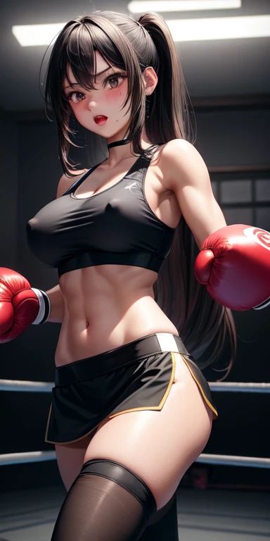 actual, 1 girl, Long hair, Sports bra,miniskirt,Black tights,open mouth, blush, Detailed and realistic boxing gloves,Big Breasts,Cleavage,nipple,Boxing ring,Throw a punch