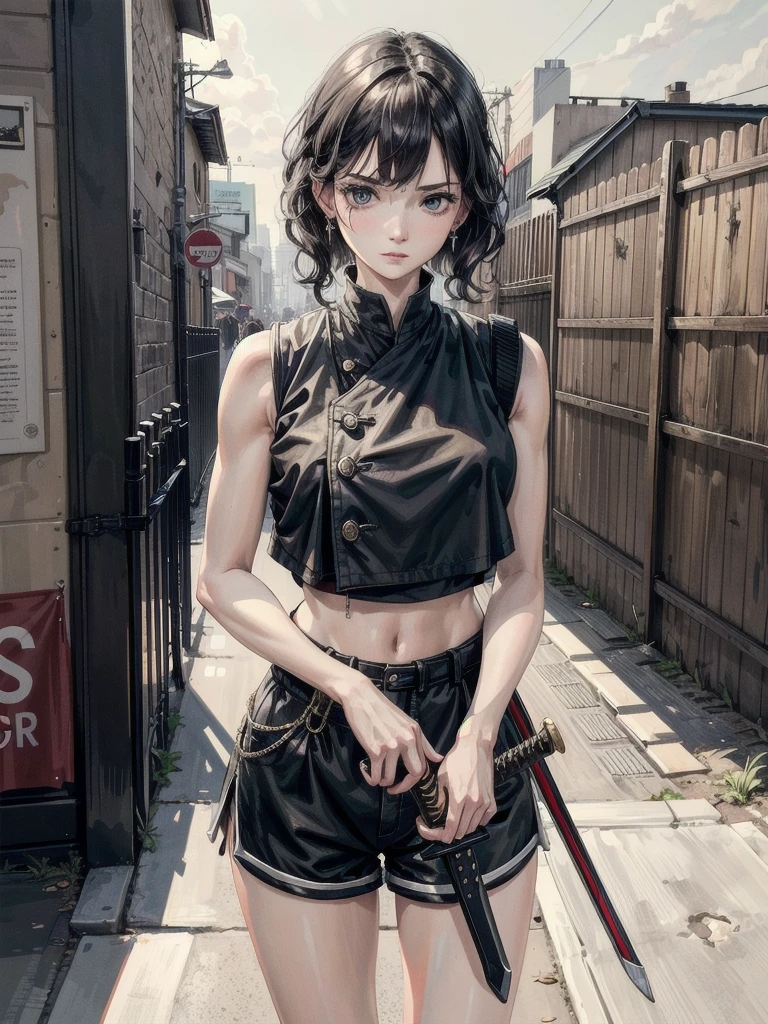 whole body, long sword, Black military uniform, Ladies' military vests, absurdres, RAW photo, extremely delicate and beautiful, masterpiece, Best Quality, ultra high resolution, 32k, hyperrealistic, ultra-detailed, tearful mole, earring, short medium hair, wavy hair, urban backdrop, shorts, midriff, 