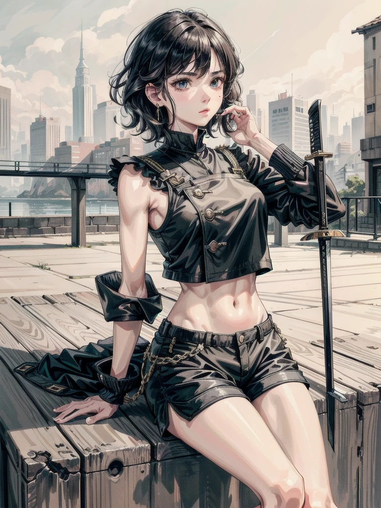 whole body, long sword, Black military uniform, Ladies' military vests, absurdres, RAW photo, extremely delicate and beautiful, masterpiece, Best Quality, ultra high resolution, 32k, hyperrealistic, ultra-detailed, tearful mole, earring, short medium hair, wavy hair, urban backdrop, shorts, midriff,