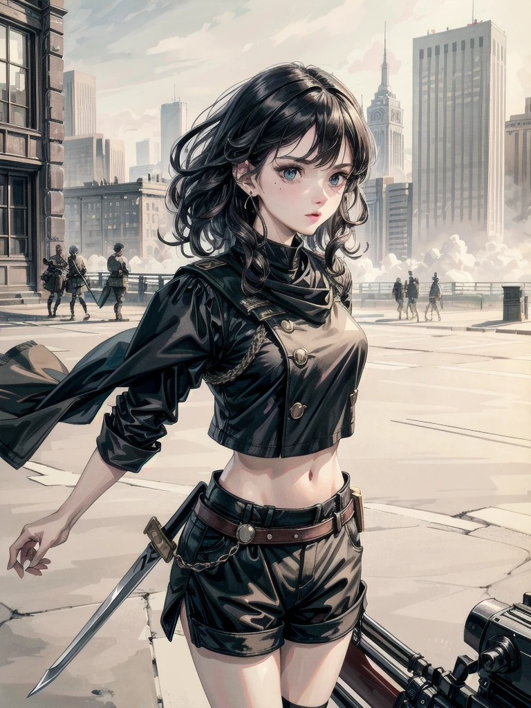 whole body, long sword, Black military uniform, Ladies' military vests, absurdres, RAW photo, extremely delicate and beautiful, masterpiece, Best Quality, ultra high resolution, 32k, hyperrealistic, ultra-detailed, tearful mole, earring, short medium hair, wavy hair, urban backdrop, shorts, midriff, 