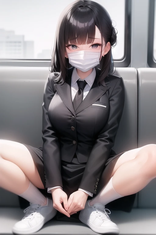 1 woman,20yo, black suit,white dress shirt,black office lady,teacher,((sitting in a seat)),cute face,smiling,hair bun,blunt bangs,black hair,lightblue eyes,taking on train, holding black rucksack,,((from side)),anime style, (((white mask on the face))),masterpiece, exftremely fine and beautiful,japanese, (black pencil long skirt), (white short socks), ((white sneakers)), full body, high quality, ultra detailed