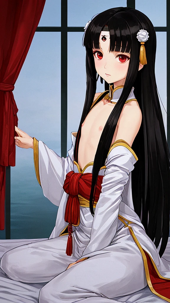 Long straight black hair, flat chest hairpin, imperial concubine&#39;s clothing, embroidered shoes, Chinese palace