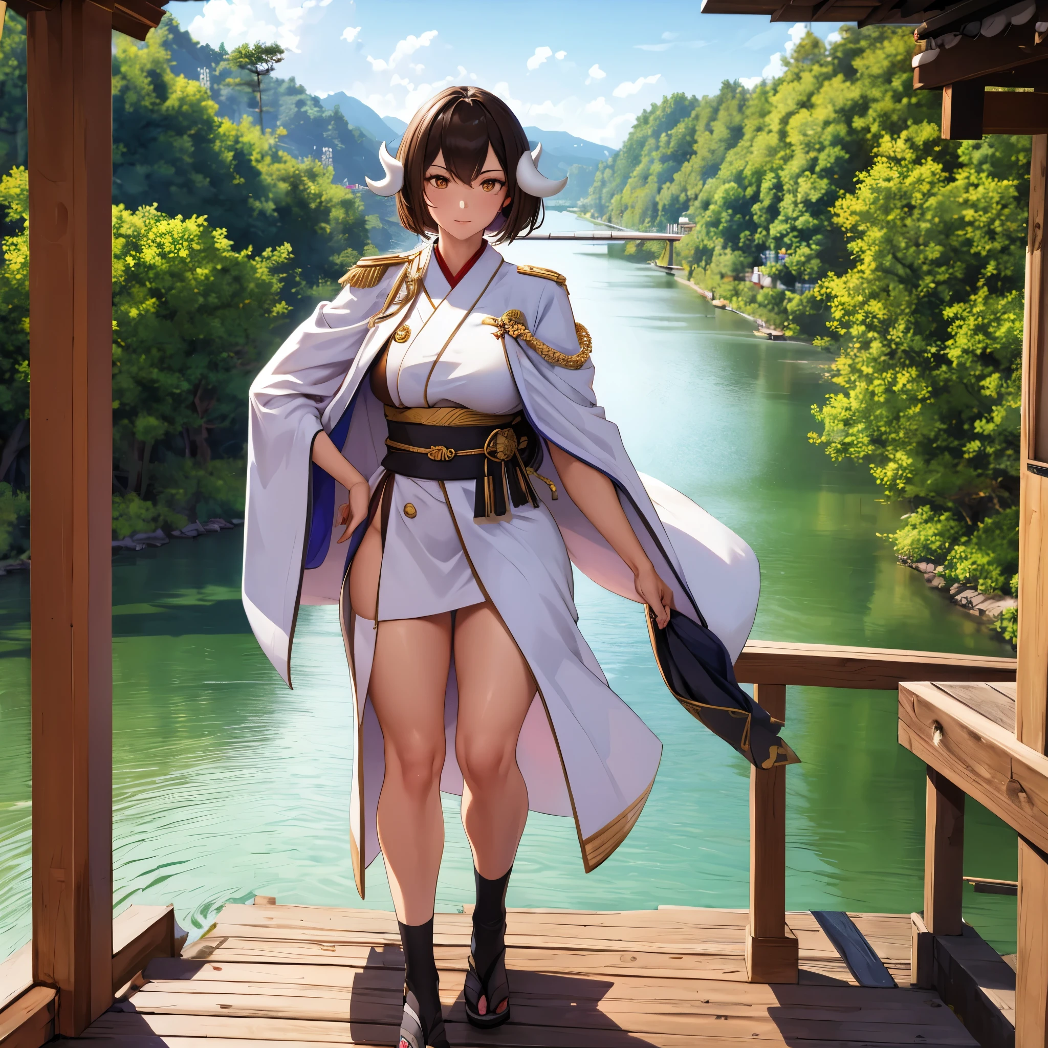 A woman wearing a dark brown female military uniform with gold details, exposed thigh, women's shoes, golden medals on the uniform, long white cape, walking on a Japanese wooden bridge, with a view of the river, Japanese city and trees, full body, brown hair short, eyes yellow, horns white.solid circle eyes, Surrealism, drop shadow, anaglyph, stereogram, tachi-e, pov, atmospheric perspective, 8k, super detail, ccurate, best quality, award winning, textured skin, highres, anatomically correct, (woman solo)
