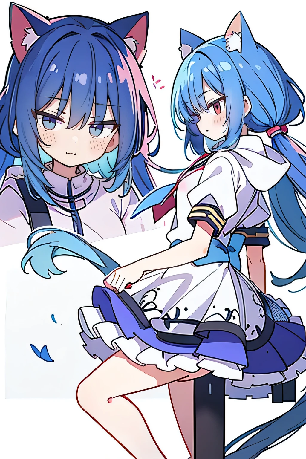 （masterpiece：1.2），Super detailed，lifelike，Expressive eyes，fair skin，perfect face shape，1 girl，
Japanese comics,Gorgeous blue hair,flowing blue hair,flowing clothes,Cat ears,Petals fall,beautiful lola,Baby Angel,sunrise,
Shaking head with one hand，Cross your legs，Gentle and peaceful background，The pavilion is cool and comfortable,smile, wearing hoodie, background of tokyo,back views,snowing, winter.