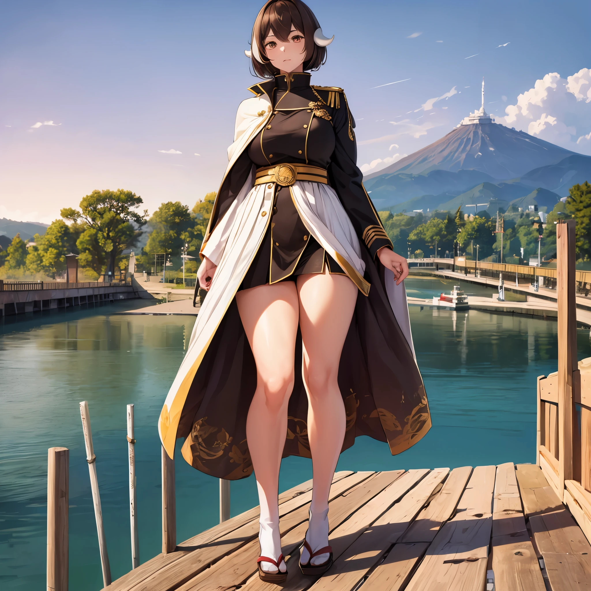 A woman wearing a dark brown female military uniform with gold details, exposed thigh, women's shoes, golden medals on the uniform, long white cape, walking on a Japanese wooden bridge, with a view of the river, Japanese city and trees, full body, brown hair short, eyes yellow, horns white.solid circle eyes, Surrealism, drop shadow, anaglyph, stereogram, tachi-e, pov, atmospheric perspective, 8k, super detail, ccurate, best quality, award winning, textured skin, highres, anatomically correct, (woman solo)
