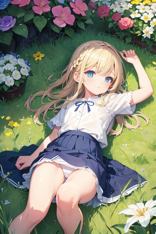 masterpiece, highest quality, High resolution, One 5  girl、blue eyes、
blonde,  Braiding、White shirt, Check skirt, White panties、garden、flower bed、Lying on the grass