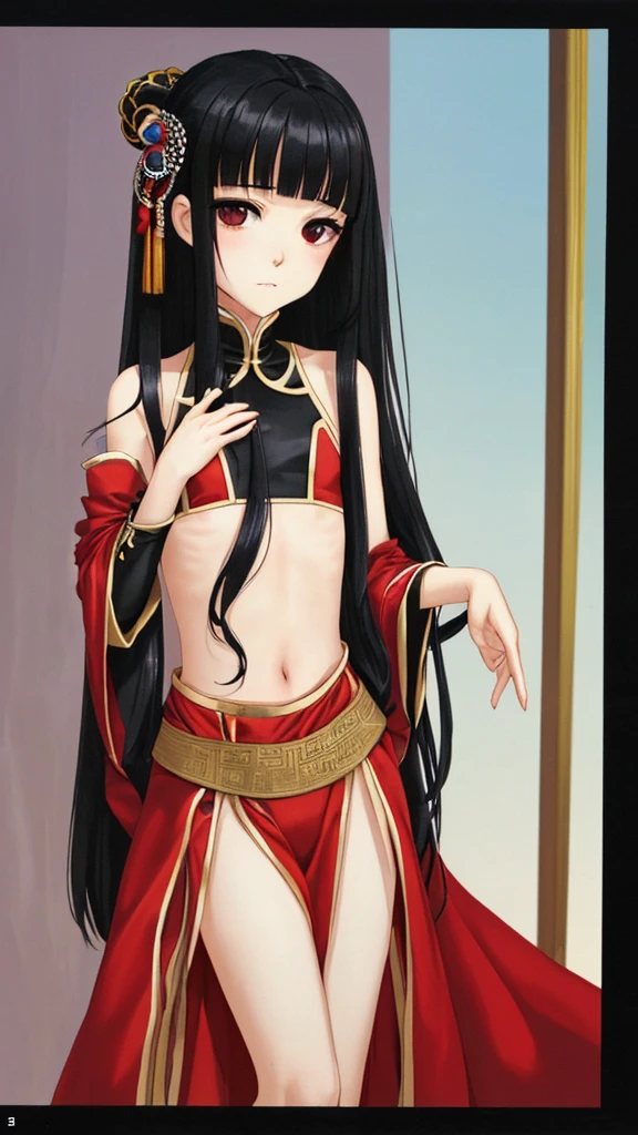 Long straight black hair, flat chest hairpin, imperial concubine's clothing, embroidered shoes, Chinese palace