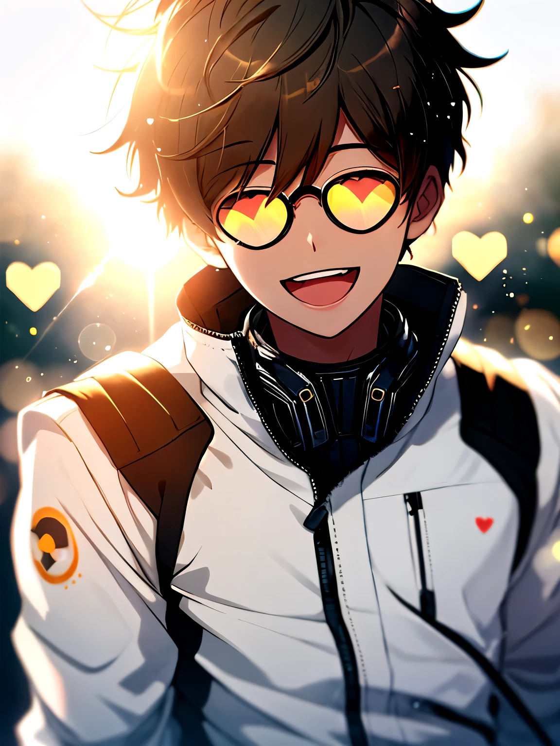 a boy, Wear comfortable high-tech clothes, Upper Body, (laughing out loud:1.1), (open mouth:1.1), (Keep your eyes open:1.2)Half frame glasses, The sun is dazzling, Bokeh, Depth of Field, Blurred background, Light Particles, gale, (Heart particles:1.1)