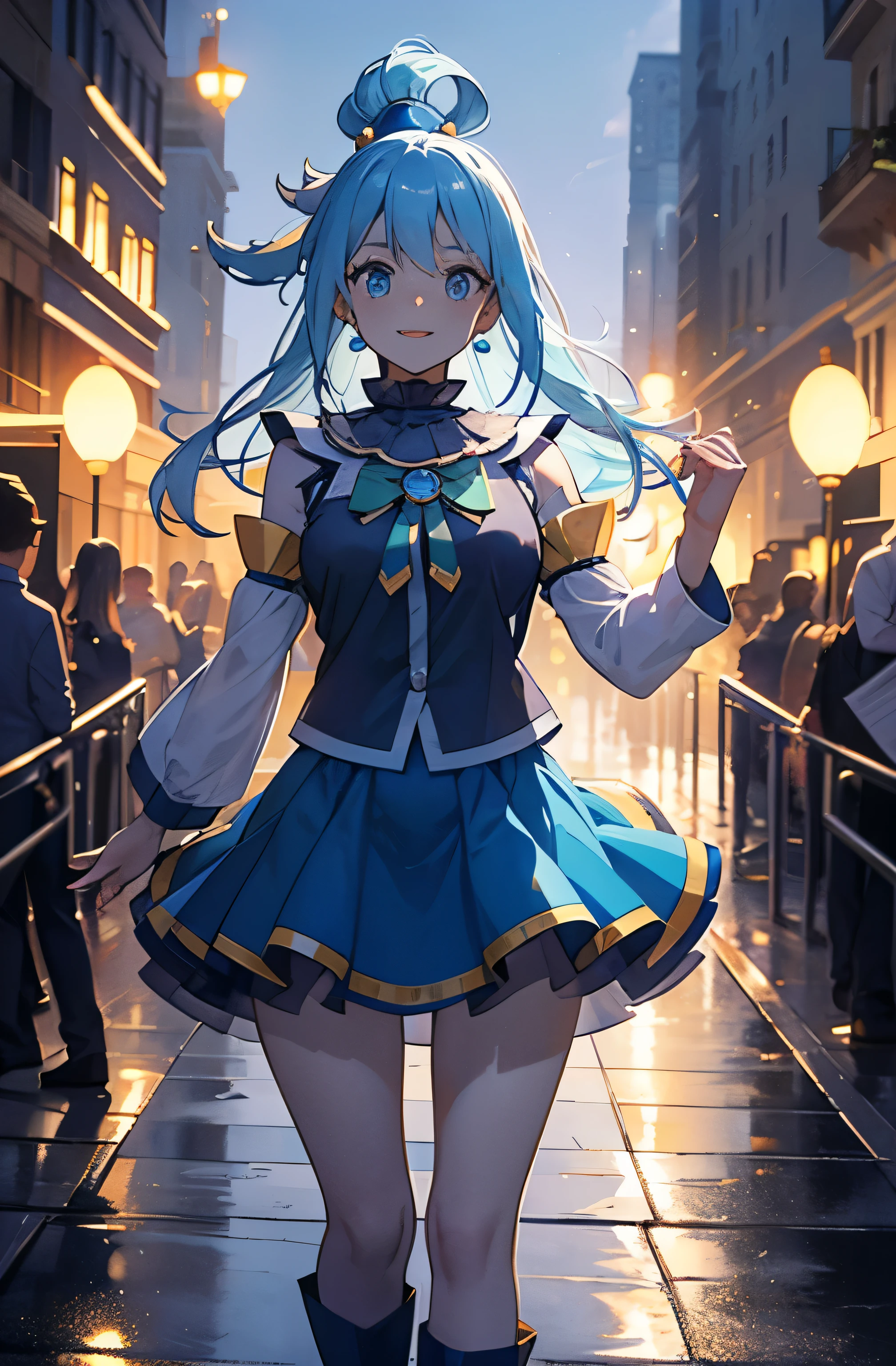 Aqua, Long Hair, Blue Hair, Hair Ring, hair ornaments, choker, Exposing shoulders, Green ribbon, Blue Shirt, Removable sleeves, Blue Skirt, Knee socks, highest quality,((highest quality)),((Tabletop)),((Perfect Face)),become close５Two finger hand,1 girl,(Background Blur),, Unreasonable,Her figure is very beautiful, Emphasizing the dark and crazy elements. Skillfully expressing the effects of light and shadow, detailed, The face and expression are carefully drawn...., Bright smile，Mouth open，Artistic elements add depth to the work, With a unique artistic touch. This movie is visually stimulating、Beautiful appearance.,sketch (Character design sheet, same characters, whole body, Three-View, front, ~ ~ ~ ~ side, return),,milky way, (Stripes of light), Impressive visuals, (Dynamic stripes, Path of Light:1.2), Bright colors, look up,Dynamic pose, Fountain in the background, Looks like an anime poster,　A fateful journey