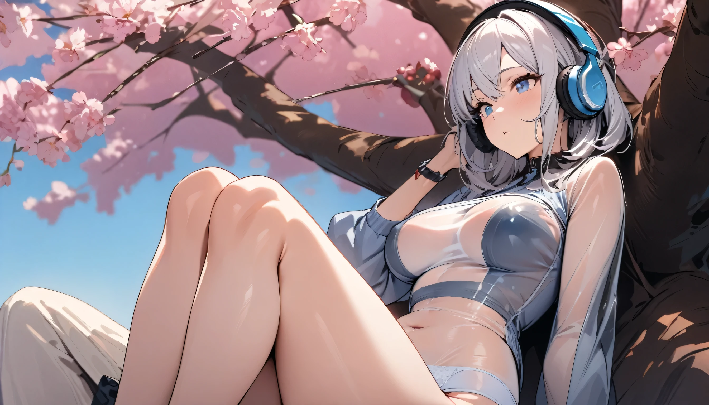 ((Top quality)), ((Masterpiece)), (Details), perfect face, sitting under a cherry tree, listening to music, a woman, wearing headphones, wearing underwear, underwear is transparent, sitting with legs wide open, wearing tight clothes, showing butt and breasts