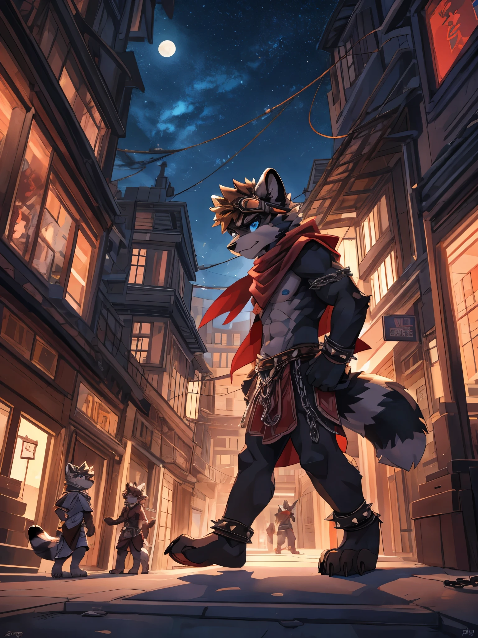 feno lighting, deep shadow, dynamic angle, masterpiece, high quality, hi res, solo, young Furry, furry, young, raccoon, spiked brown hair only on head, red scarf, blue eyes, goggles, chain harness, red loincloth, red cape, masterpiece, detail body, fur all over body, detailed face, detailed eyes, detailed hands, Skinny, claws, high resolution, metal cuffs on wrists, metal cuffs on ankles, no shirt, no underwear, city, night, street, side view, angry