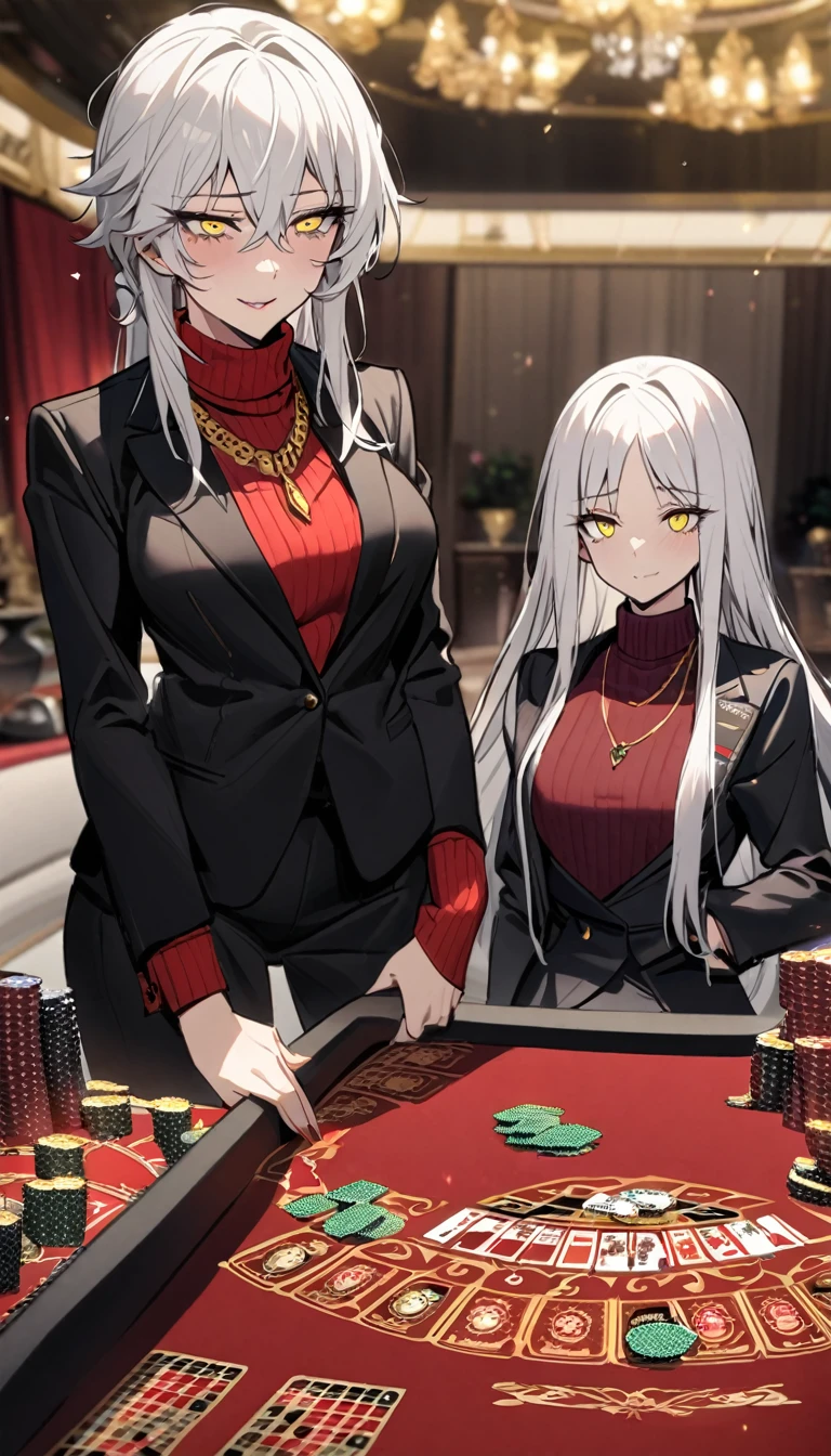 Female, flowing white hair, melancholy eyes, seductive smile, yellow eyes, black diamond shape, formal Soviet style two-piece black suit, red turtleneck sweater under suit, gold necklace,Baccarat, dealer,