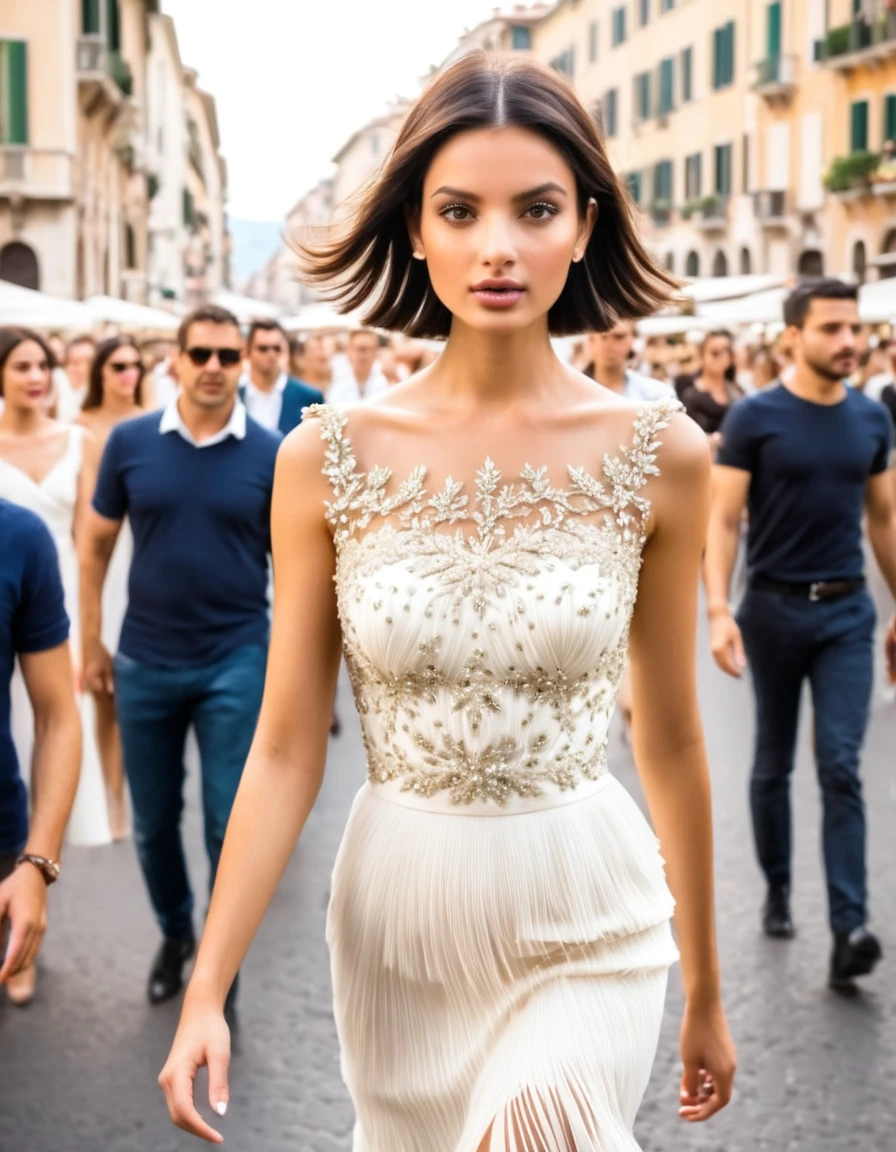 Street photography, people walking down the street, motion blur, background blur, cityscape, outdoor scene, people looking at the camera, stunning beauty standing in the crowd, a beautiful italy model in a Reem Acra dress with delicate features, people around her with short brown or black hair, street life, urban environment, people passing by, Fuzzy motion
