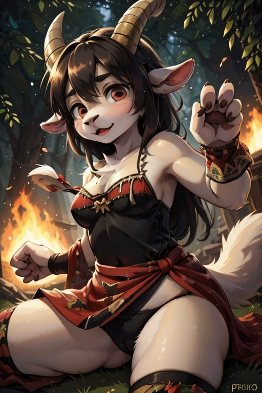 dynamic angle , focus face , hairy Short stature goat , (realistic hairy fur:1.3) , round face , (tilt face:1.2) , Horizontal pupil , round eyes , Swollen Mumps cheeks , glossy lips , in the fantasy forest , fighter , (wearing Primitive fabric:1.5) , dynamic battle action , Planet of the Goats