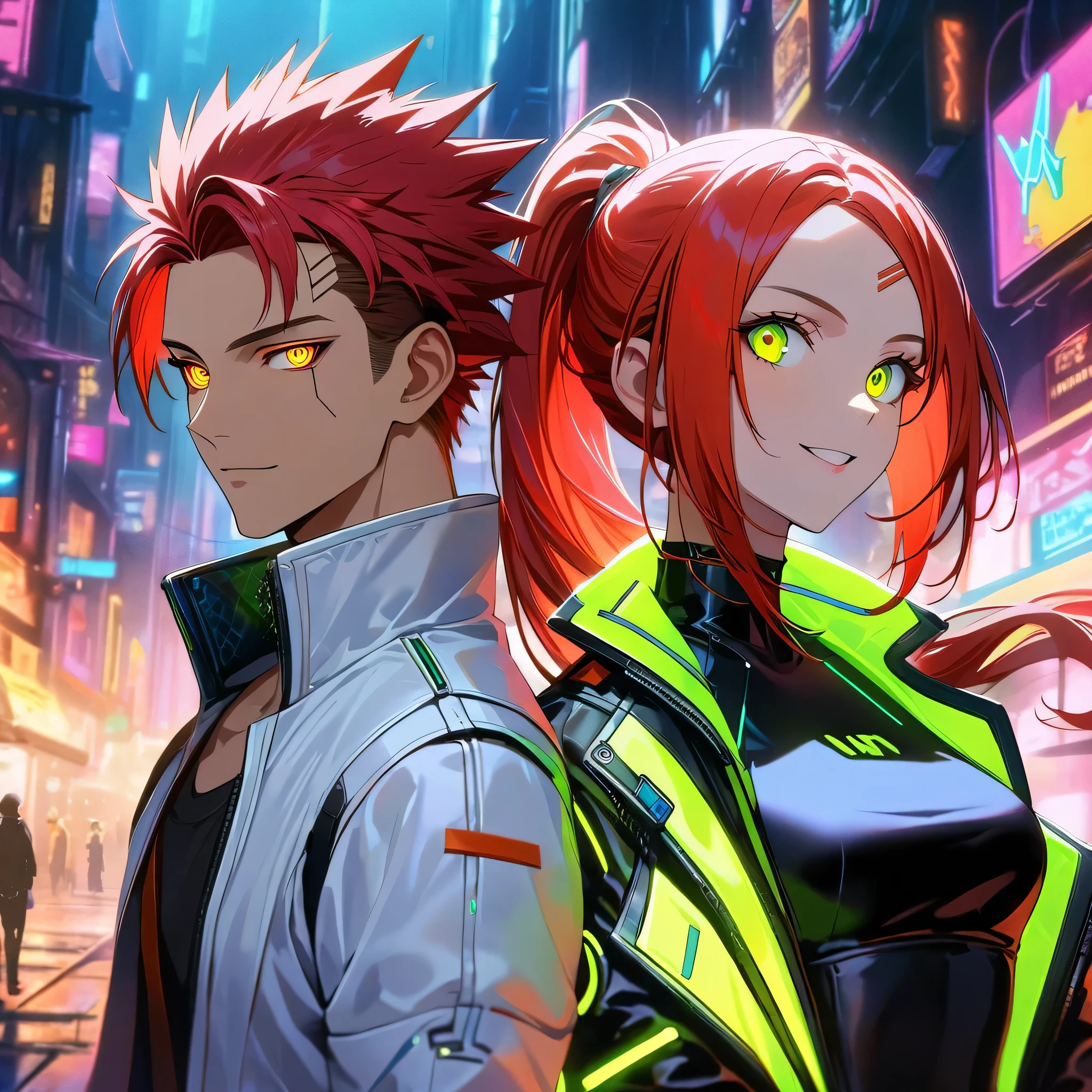 two persons, A man and a girl , man with short red hair spiky upwards with some long strands falling on the forehead and yellow neon eyes holding a perfect neon katana wearing a leather white jacket and black t shirt, stand and confident pose, confidente smile, cyberpunk, night, fingerless gloves , red hair, neon eyes, ultra detailed face, and his horgeous sister with  perfect white long hair and green neon eyes, 