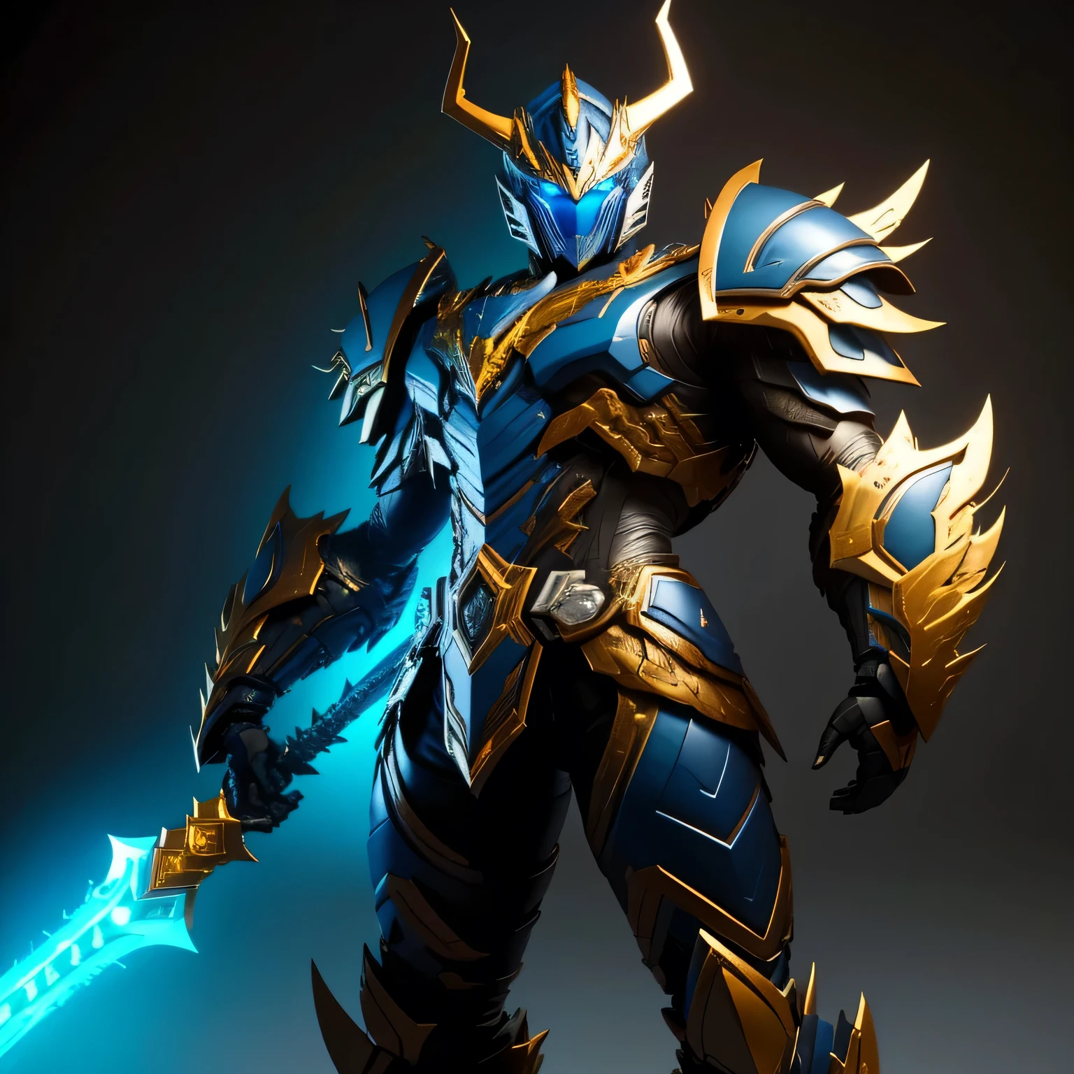 best quality)), ((masterpiece)), (detailed), perfect face, Crimson Blue, Rhino Kamen Rider, Grassland background, Single person, Sleek Rhino Armor, Full Body, Rhino Base, Kamen Rider, 1 male, Thick Hide Armor, Glowing Glaive Weapon 