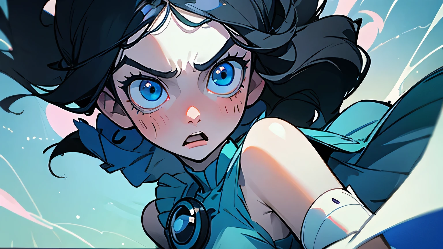 teen moon princess, long black hair, pale white skin, sea blue eyes, blue clothing, shock expression, shock face, close up shot, shocked, worried, helpless, hopeless, in tower, fight back, protect