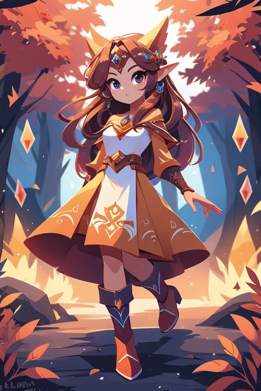 Nome: Elysia Race: Elfa Cor da pele: Vermelha brilhante Cor dos olhos: Dourado intenso Cabelo: Longo e ondulado, na cor vermelha fogo Vestimenta: An elegant and fluid tunic, na cor vermelha com detalhes dourados, adorned with elven symbols. Ela usa botas de couro marrom que combinam com seu arco e aljava. accessories: Um colar com um pingente de pedra brilhante, que emana uma aura quente e misteriosa. Its background shows a lush, exotic forest, with red trees and golden leaves, harmonizing with its unique appearance and fiery powers.