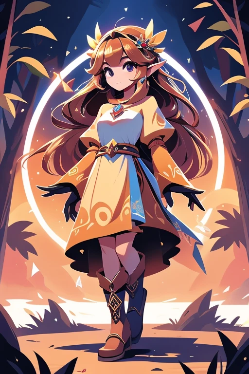 Nome: Elysia Race: Elfa Cor da pele: Vermelha brilhante Cor dos olhos: Dourado intenso Cabelo: Longo e ondulado, na cor vermelha fogo Vestimenta: An elegant and fluid tunic, na cor vermelha com detalhes dourados, adorned with elven symbols. Ela usa botas de couro marrom que combinam com seu arco e aljava. accessories: Um colar com um pingente de pedra brilhante, que emana uma aura quente e misteriosa. Its background shows a lush, exotic forest, with red trees and golden leaves, harmonizing with its unique appearance and fiery powers.