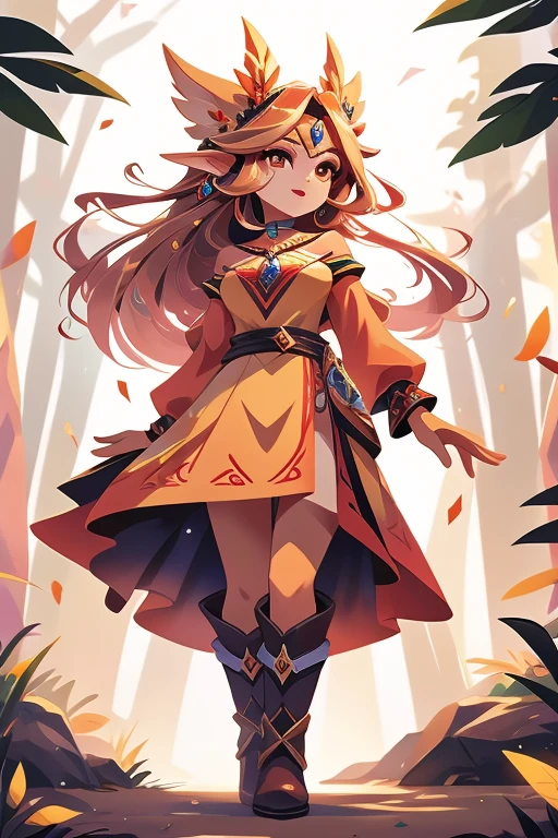 Nome: Elysia Race: Elfa Cor da pele: Vermelha brilhante Cor dos olhos: Dourado intenso Cabelo: Longo e ondulado, na cor vermelha fogo Vestimenta: An elegant and fluid tunic, na cor vermelha com detalhes dourados, adorned with elven symbols. Ela usa botas de couro marrom que combinam com seu arco e aljava. accessories: Um colar com um pingente de pedra brilhante, que emana uma aura quente e misteriosa. Its background shows a lush, exotic forest, with red trees and golden leaves, harmonizing with its unique appearance and fiery powers.