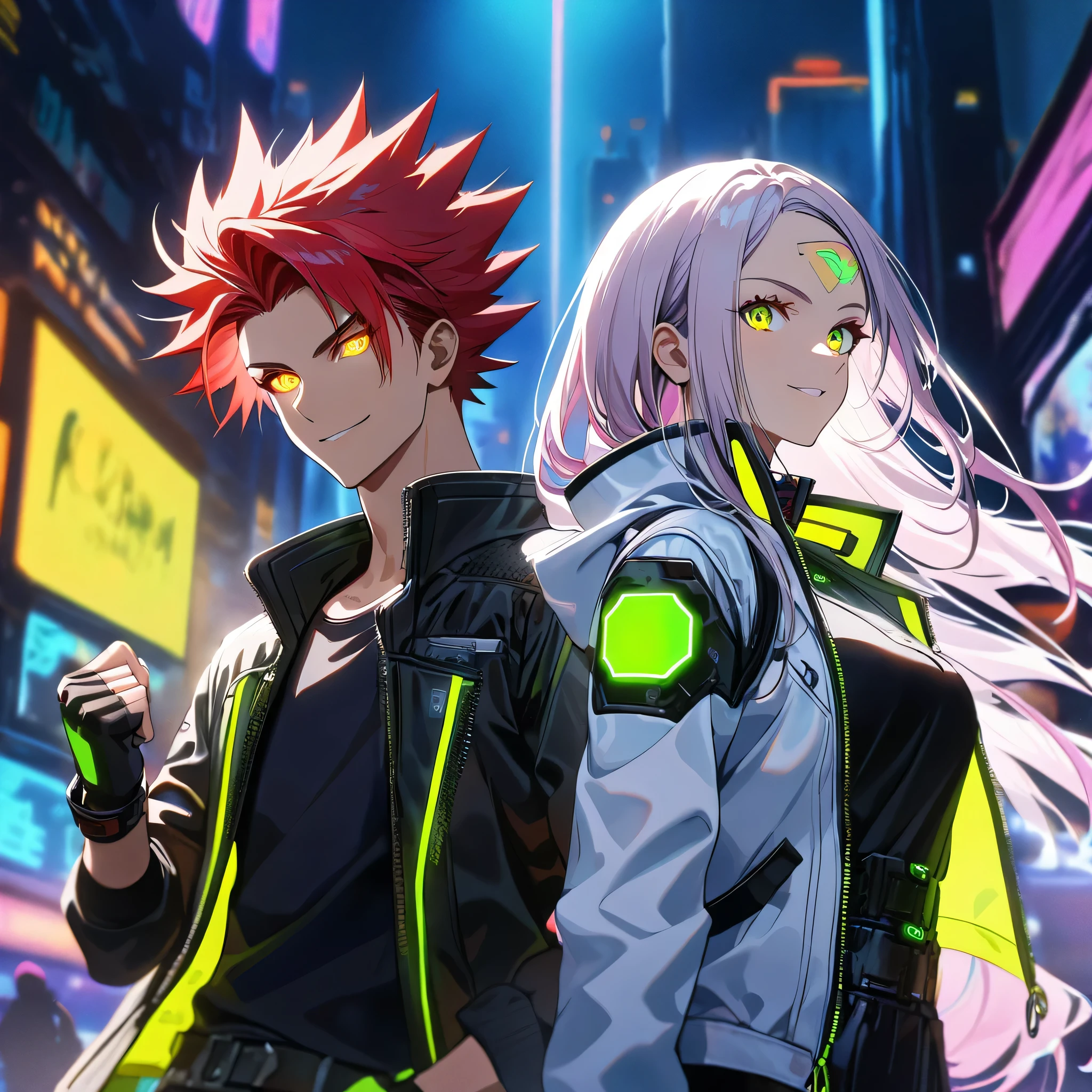 two persons, A man and a girl , man with short red hair spiky upwards with some long strands falling on the forehead and yellow neon eyes holding a perfect neon katana wearing a leather white jacket and black t shirt, stand and confident pose, confidente smile, cyberpunk, night, fingerless gloves , red hair, neon eyes, ultra detailed face, and his horgeous sister with perfect white long hair and green neon eyes,