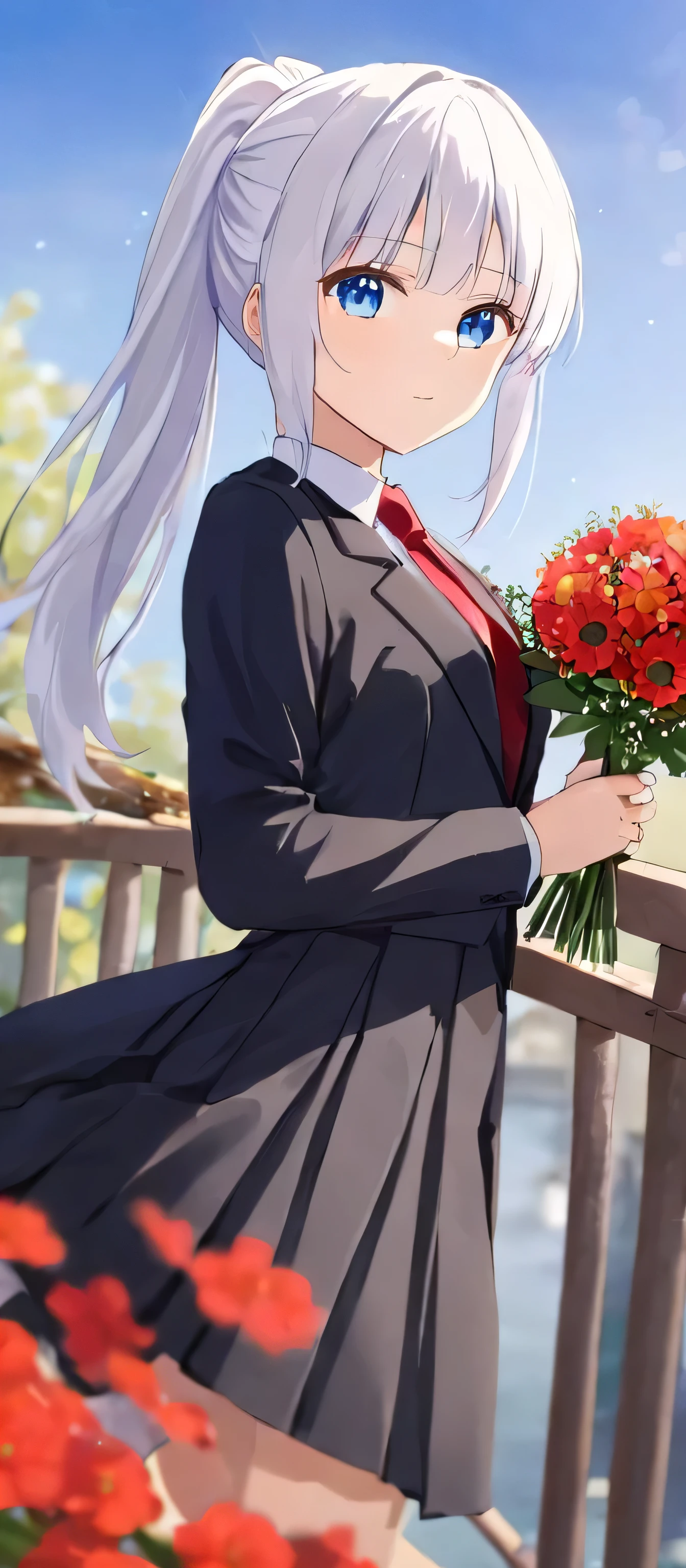 1girl, mature_girl, wedding_dress, solo, inoue_takina, pony_tail, one-tone_dress, pleated_suit, blue_eyes, white_shirt, black_suit, outdoors, bangs, white_hair, looking_at_viewer, closed_mouth, long_sleeves, red_necktie, wedding_ceremony, hand_holding_flowers, day, ornament_wedding, blurry_background, blurry, flowers, railing