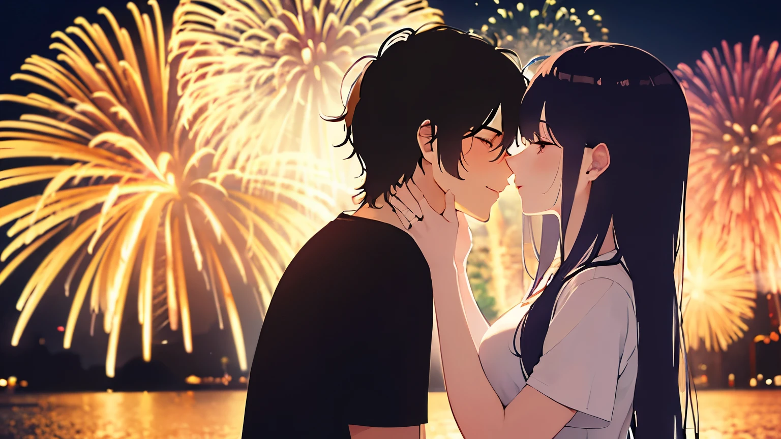 Shadow of a man and woman kissing while fireworks are going off、The woman has long hair、The man is wearing a T-shirt、Background is a park at night