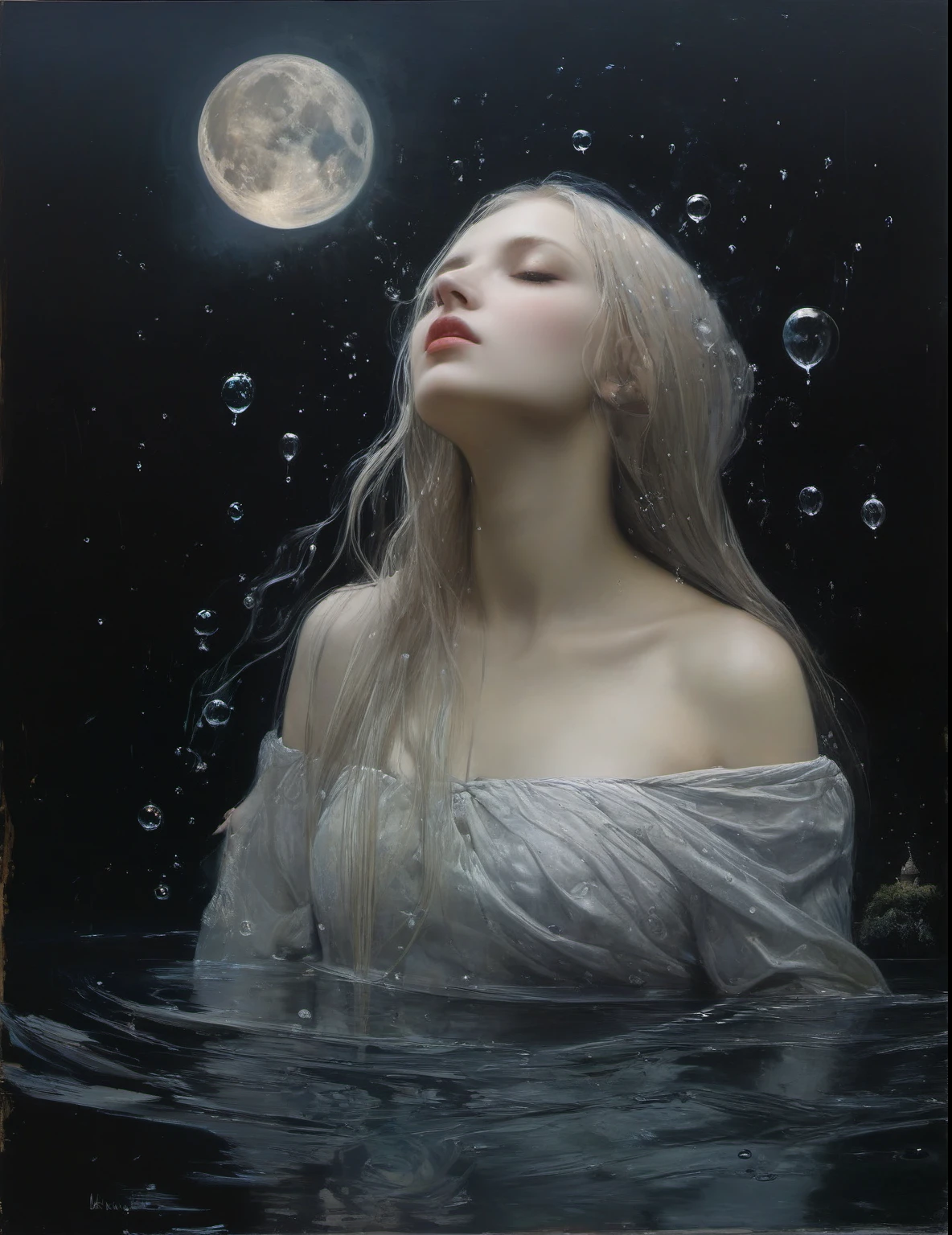 James Gurney, Surrealist art , dream-like, Mysterious, Provocative, symbolic, Complex, detailed,, (Gothic but very beautiful:1.4), (masterpiece, highest quality:1.4) , Nicola Samori Style, Siren Kissed by the Moon、Water bubbles
