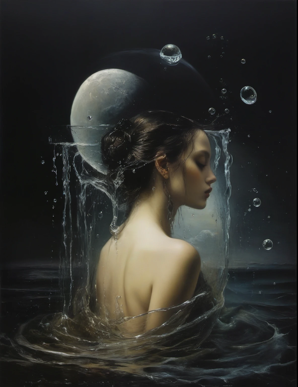 James Gurney, Surrealist art , dream-like, mysterious, Provocative, symbolic, Complex, detailed,, (Gothic but very beautiful:1.4), (masterpiece, Highest quality:1.4) , Nicola Samori Style, siren 、Water bubbles