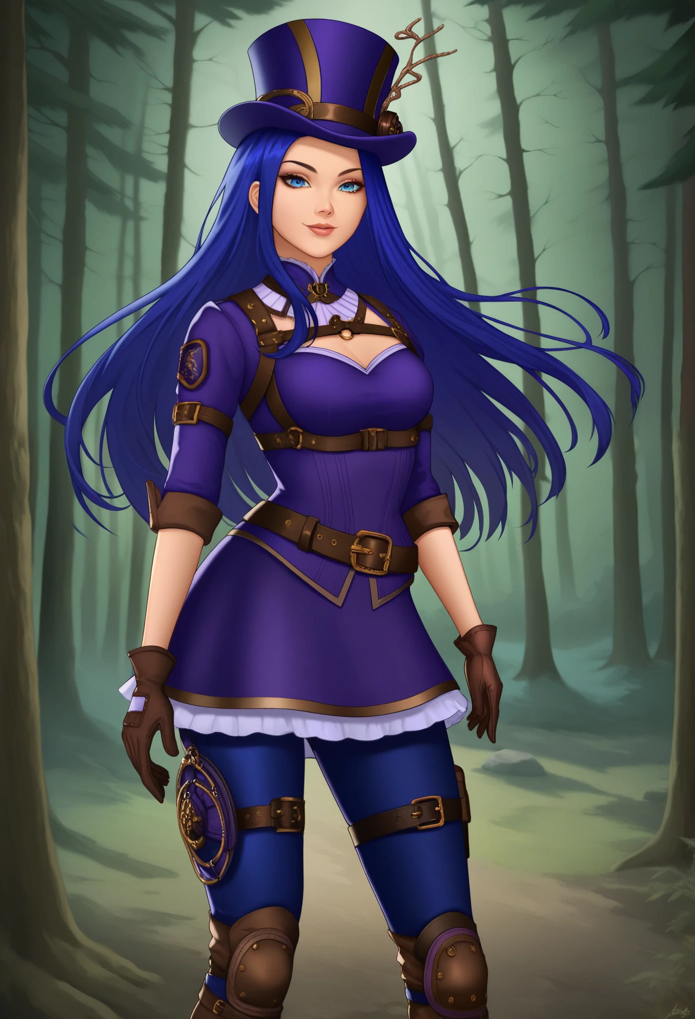 CaitlynLoLXL, blue eyes, blue hair, long hair, purple top hat, hat ornament, medium breasts, purple dress, skirt, (brown medium sleeve:1.3), brown glove, harness, (blue pants:1.1), belt, knee pad, high boots, standing, looking at viewer, seductive smile, solo, forest, tree