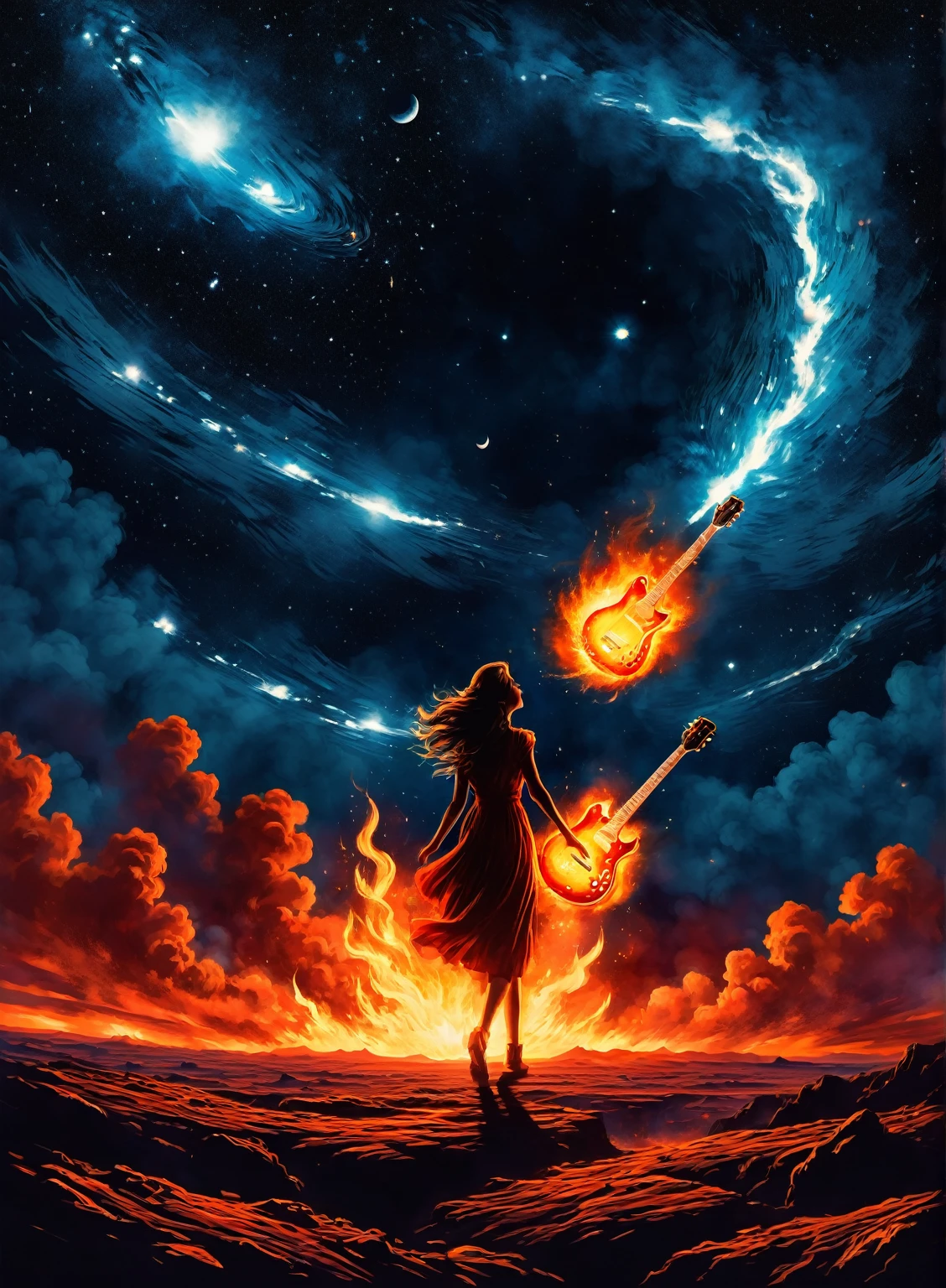 "Capture the epic and enchanting scene of a beautiful girl playing the guitar on the moon, while a large flaming meteor streaks across the sky behind her. The girl is positioned in the center of the image, illuminated by the soft moonlight, highlighting her delicate features and expression serene as her skillful fingers dance over the guitar strings. The burning meteor adds an element of drama and urgency to the scene, with its vibrant colors and sense of imminent movement.
To bring realism and sophistication to the scene, add details like the rough texture of the lunar surface beneath the girl's feet, the strands of her hair gently ruffled by the cosmic breeze, and small details in the surrounding lunar landscape, like distant craters and low mountains. The color palette should be rich and contrasting, with the deep blue tones of the night sky mixing with the golden and reddish tones of the burning meteor.
The composition of the image should highlight the beauty and serenity of the girl, while simultaneously conveying the grandeur and danger represented by the burning meteor. The scene must be able to capture the attention of all viewers, inviting them to immerse themselves in the magic and emotion of the captured moment."