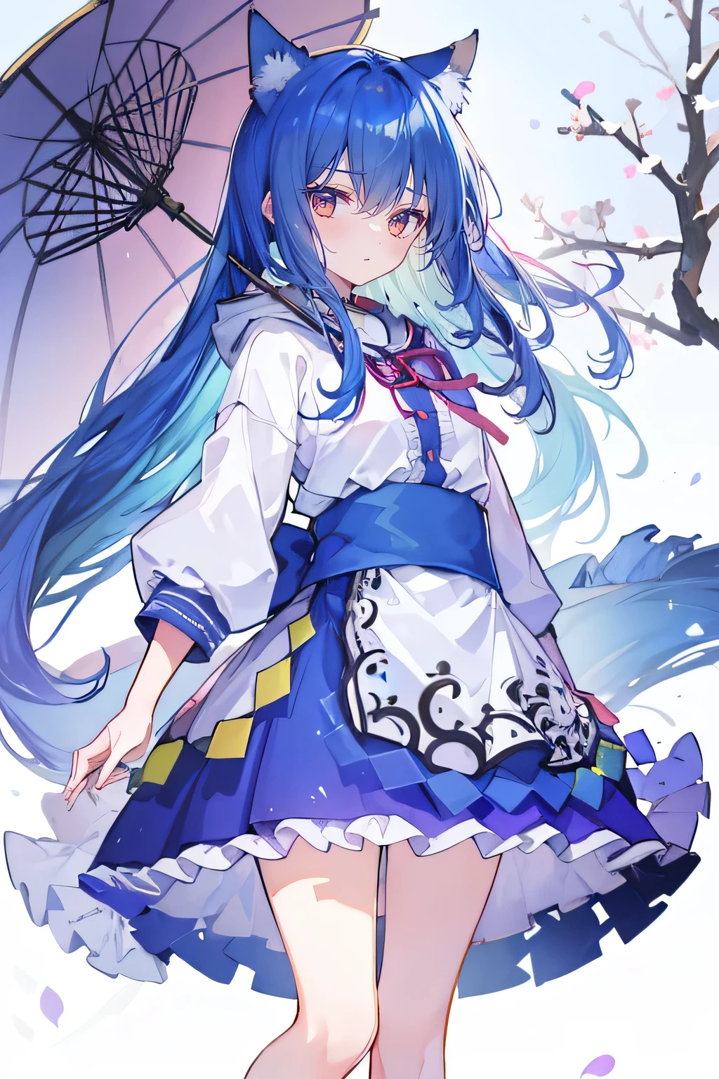 (masterpiece:1.2),Super detailed,lifelike,Expressive eyes,fair skin,perfect face shape,1 girl,
Japanese comics,Gorgeous blue hair,flowing blue hair,flowing clothes,Cat ears,Petals fall,beautiful lola,Baby Angel,sunrise,
Shaking head with one hand,Cross your legs,Gentle and peaceful background,The pavilion is cool and comfortable,smile, wearing hoodie, background of tokyo,back views,snowing, winter.